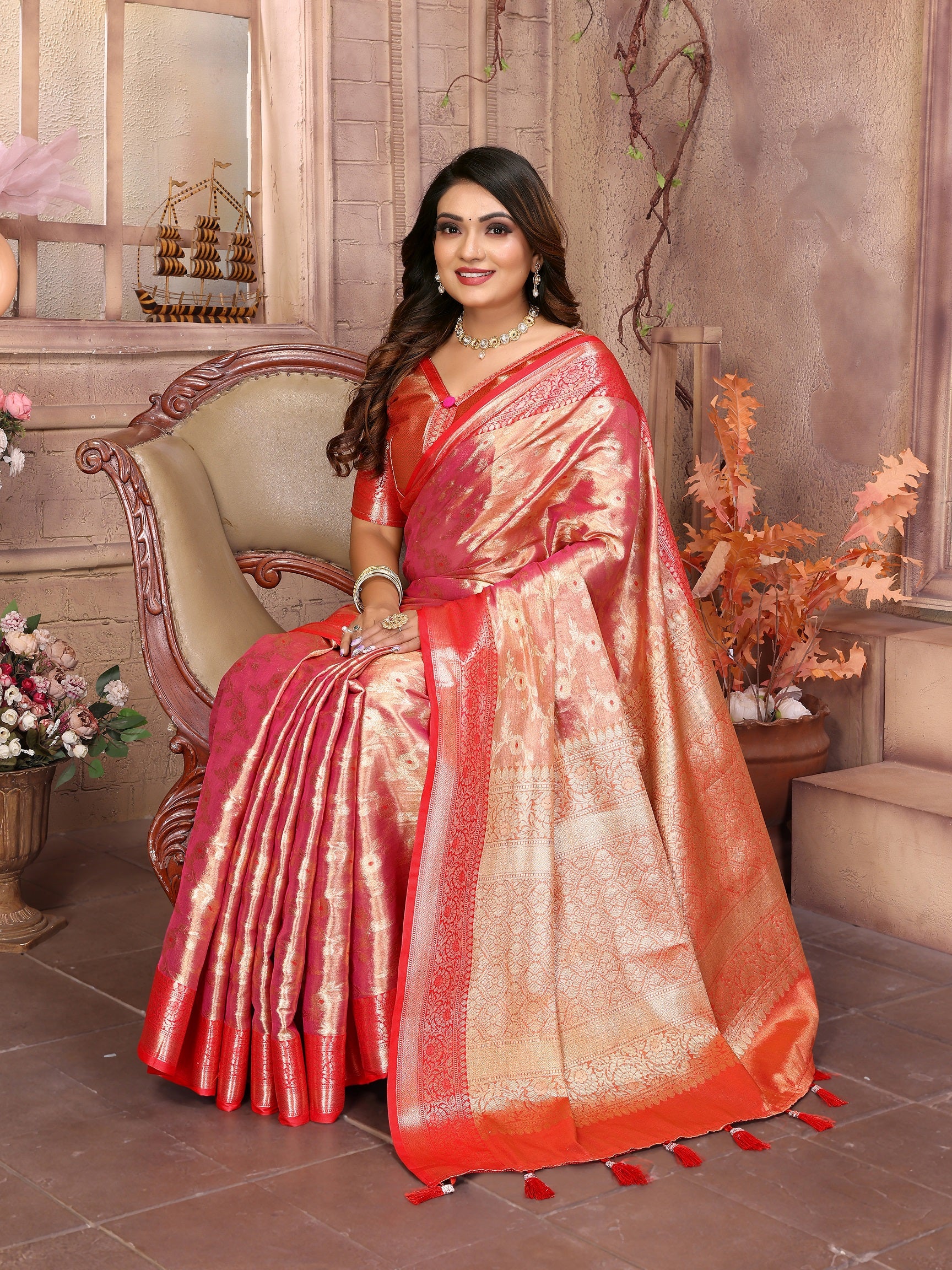 Vedant Vastram Tissue Silk Kanjeevaram Silk Saree - Pink - Distacart