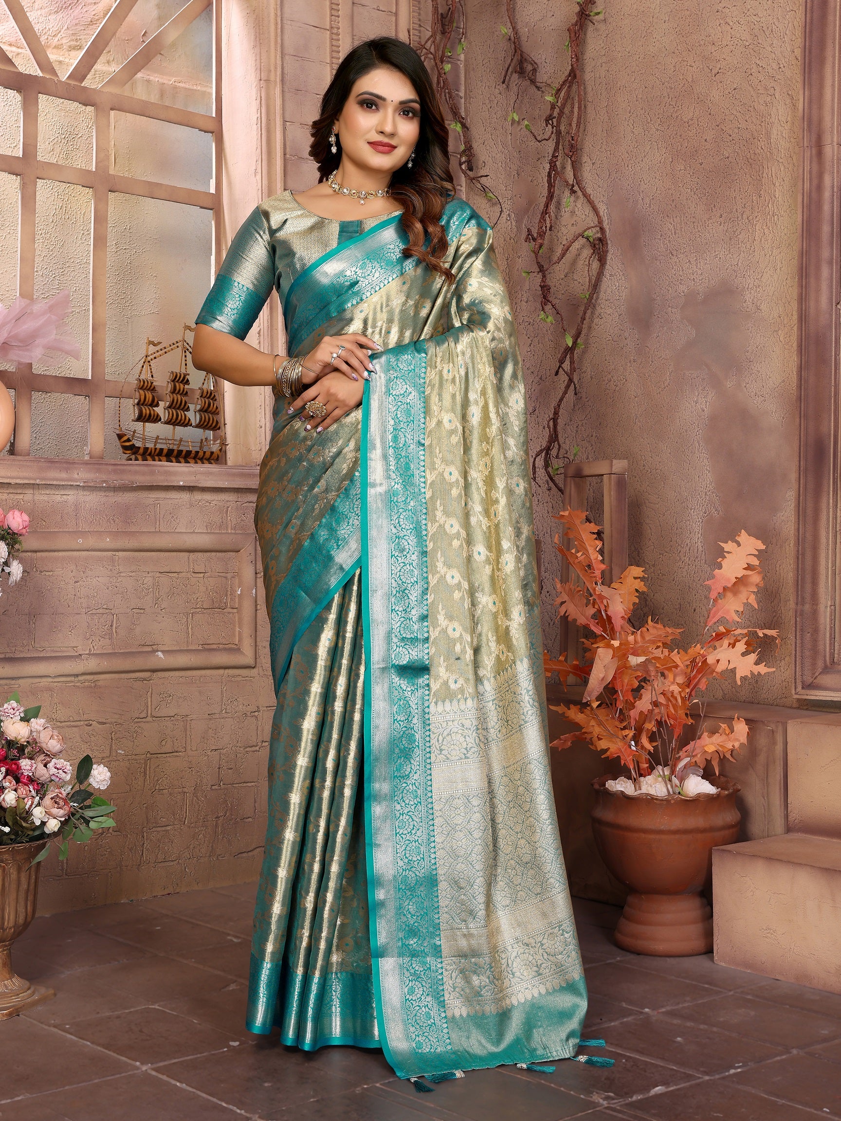 Vedant Vastram Tissue Silk Kanjeevaram Silk Saree - Rama - Distacart