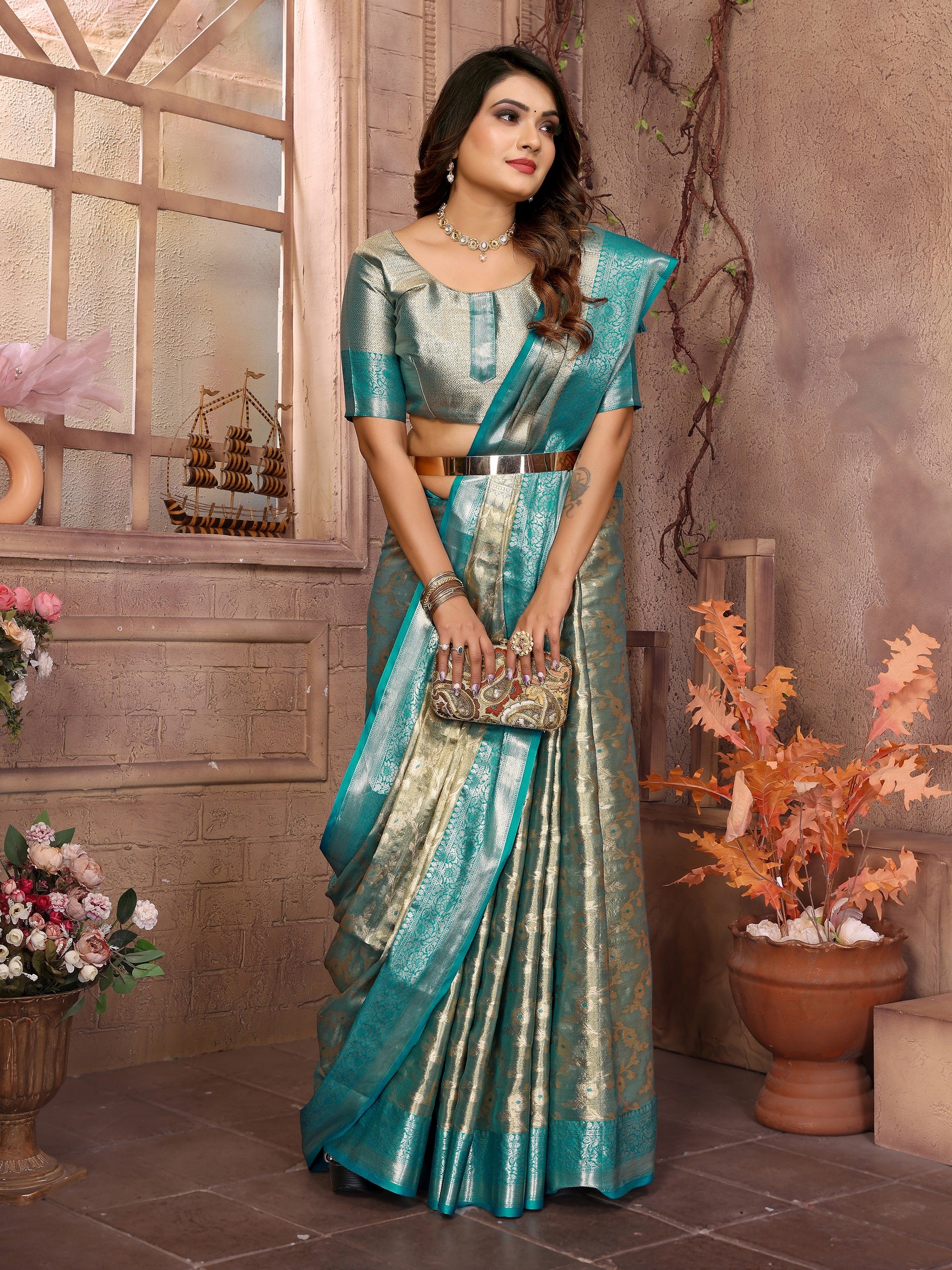 Vedant Vastram Tissue Silk Kanjeevaram Silk Saree - Rama - Distacart