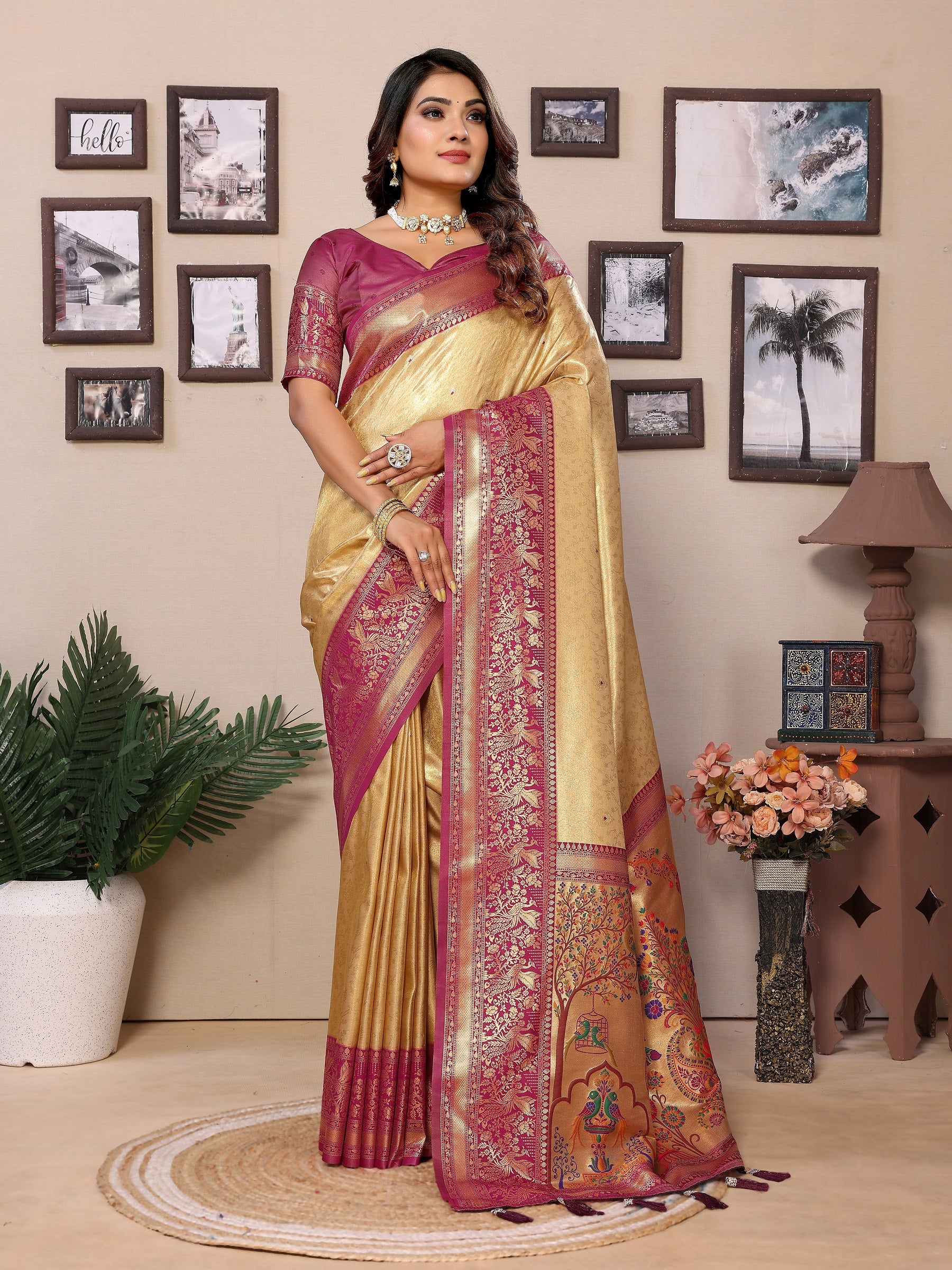 Vedant Vastram Tissue Silk Paithani Silk Saree - Beige - Distacart