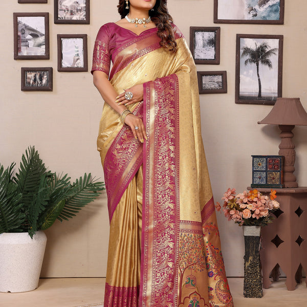 Vedant Vastram Tissue Silk Paithani Silk Saree - Beige - Distacart