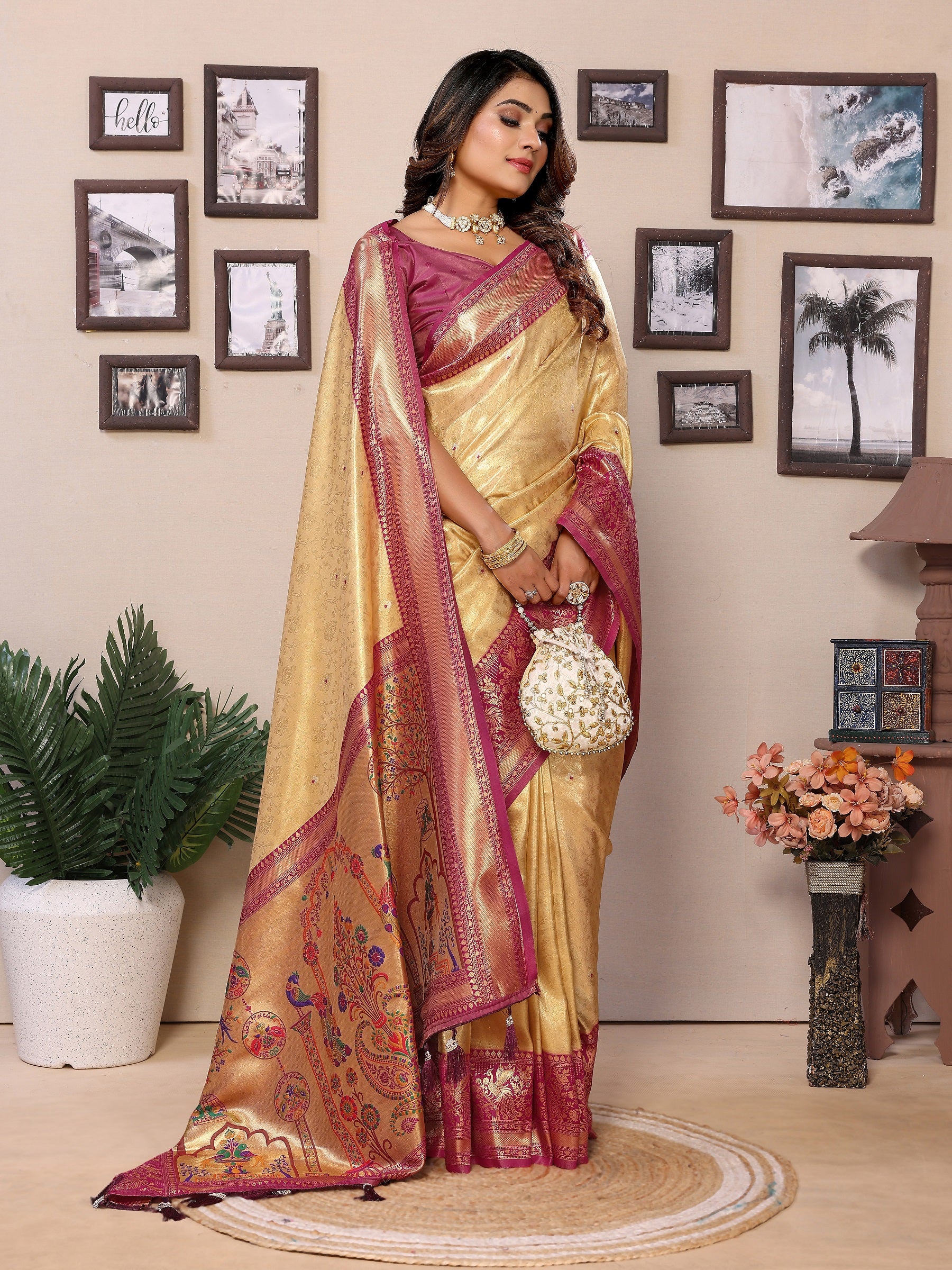 Vedant Vastram Tissue Silk Paithani Silk Saree - Beige - Distacart