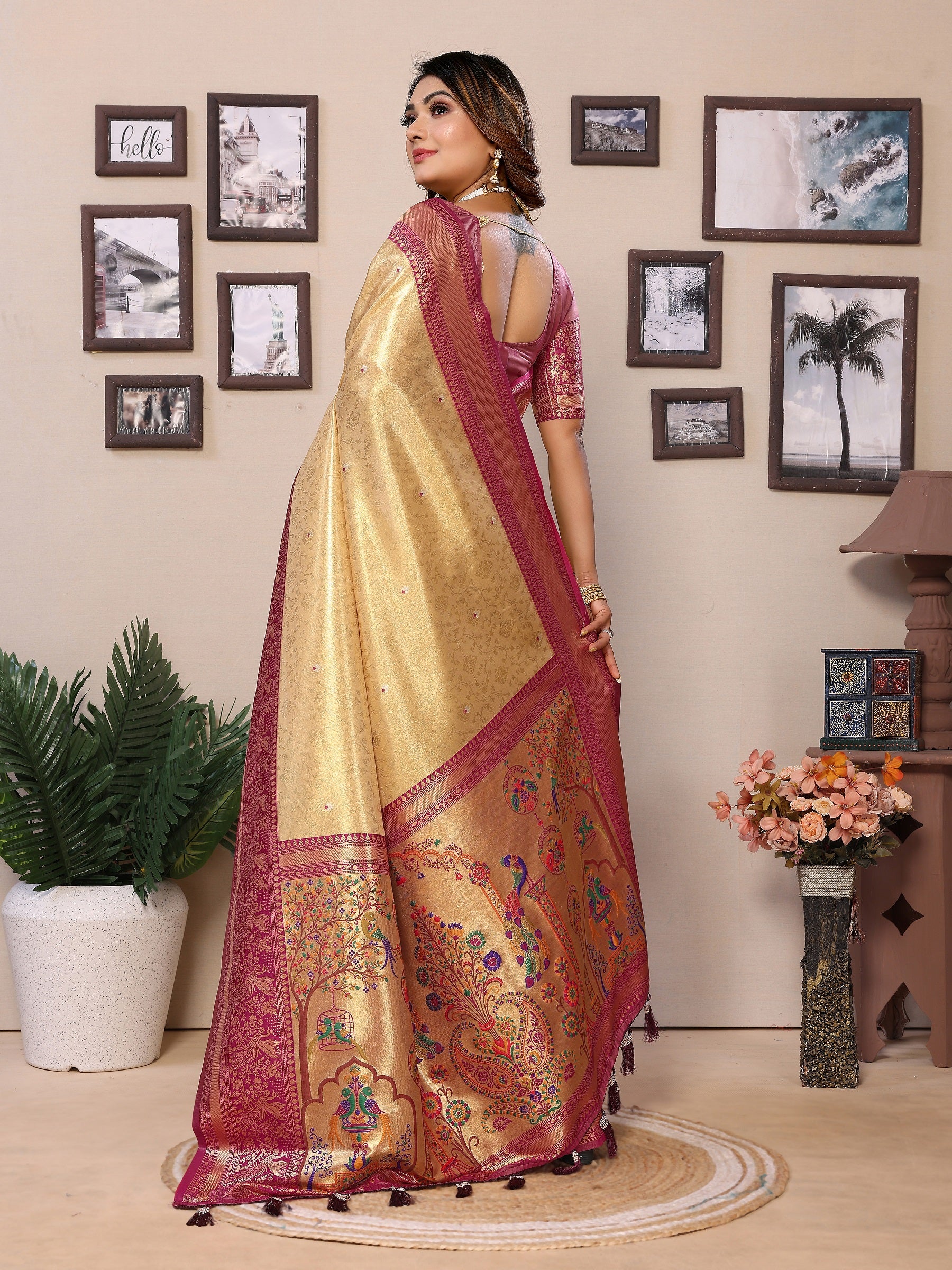 Vedant Vastram Tissue Silk Paithani Silk Saree - Beige - Distacart