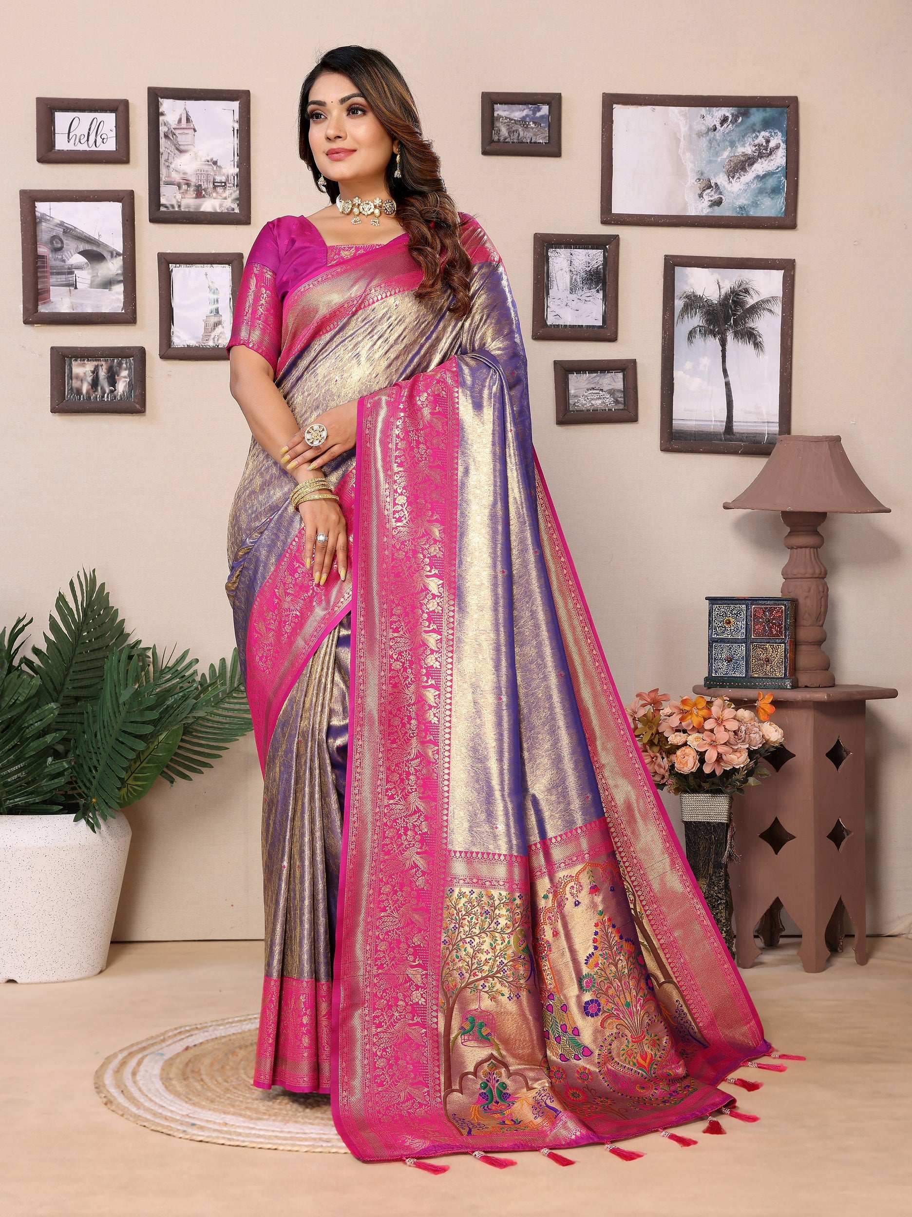Vedant Vastram Tissue Silk Paithani Silk Saree - Blue - Distacart