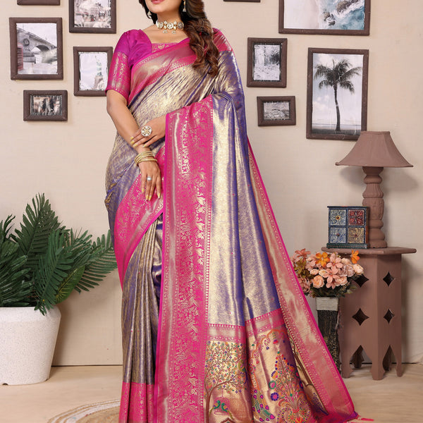Vedant Vastram Tissue Silk Paithani Silk Saree - Blue - Distacart