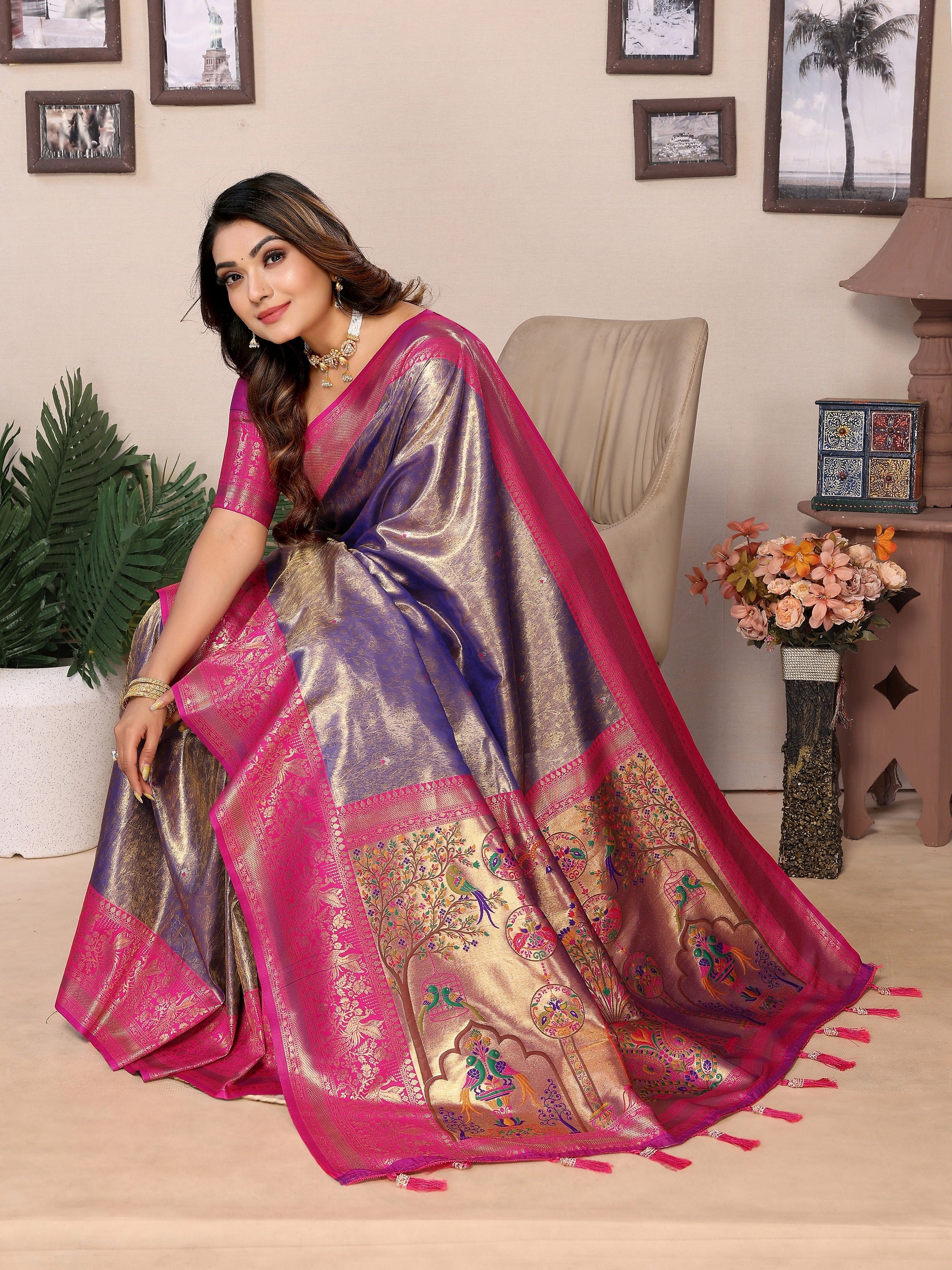 Vedant Vastram Tissue Silk Paithani Silk Saree - Blue - Distacart