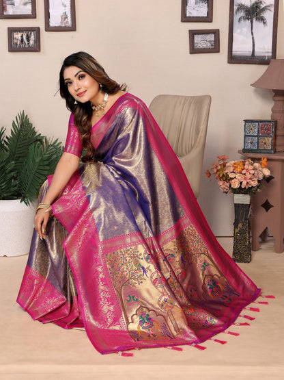 Vedant Vastram Tissue Silk Paithani Silk Saree - Blue - Distacart