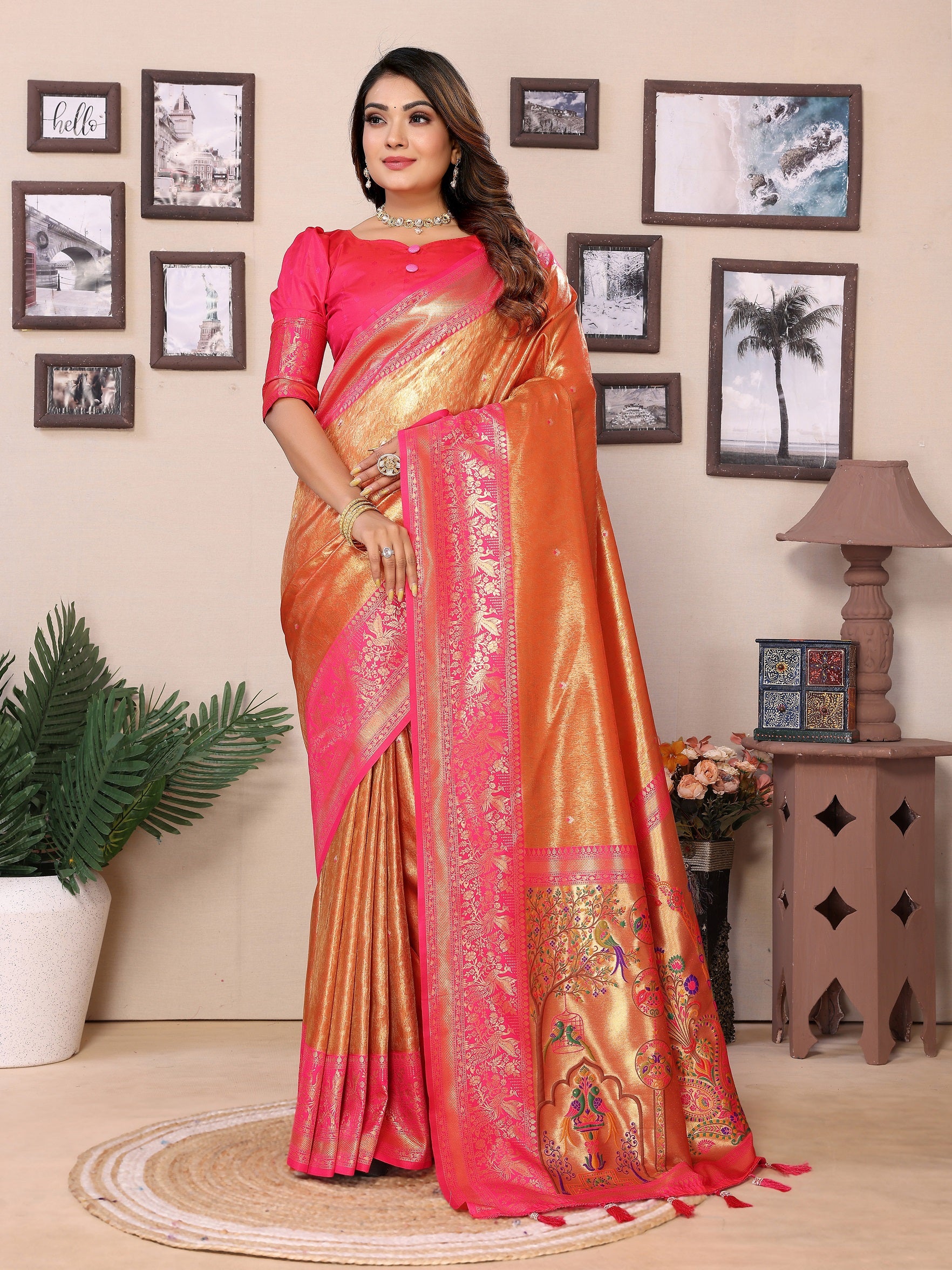 Vedant Vastram Tissue Silk Paithani Silk Saree - Orange - Distacart