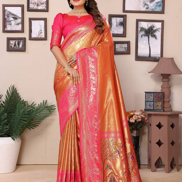 Vedant Vastram Tissue Silk Paithani Silk Saree - Orange - Distacart