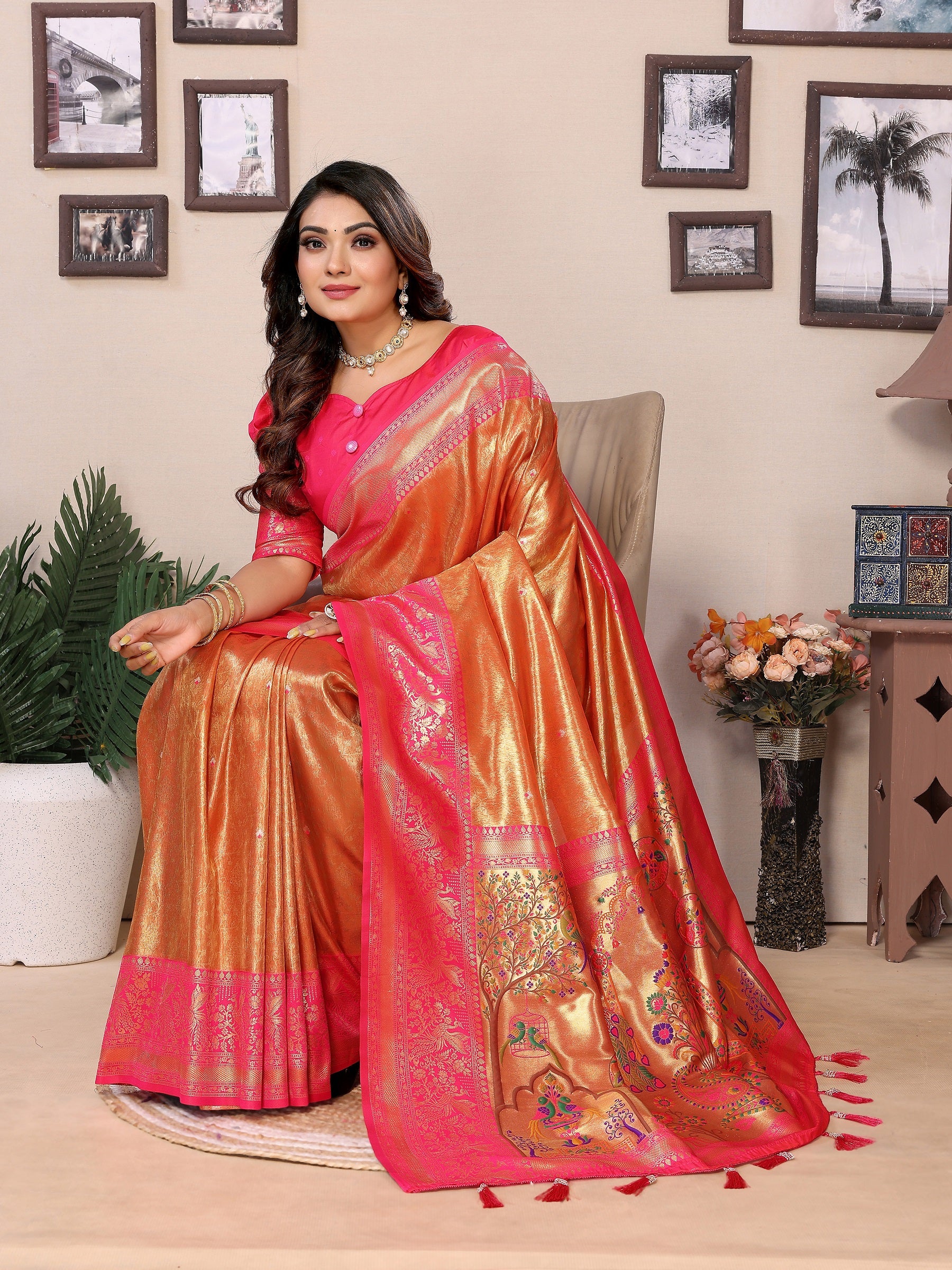 Vedant Vastram Tissue Silk Paithani Silk Saree - Orange - Distacart