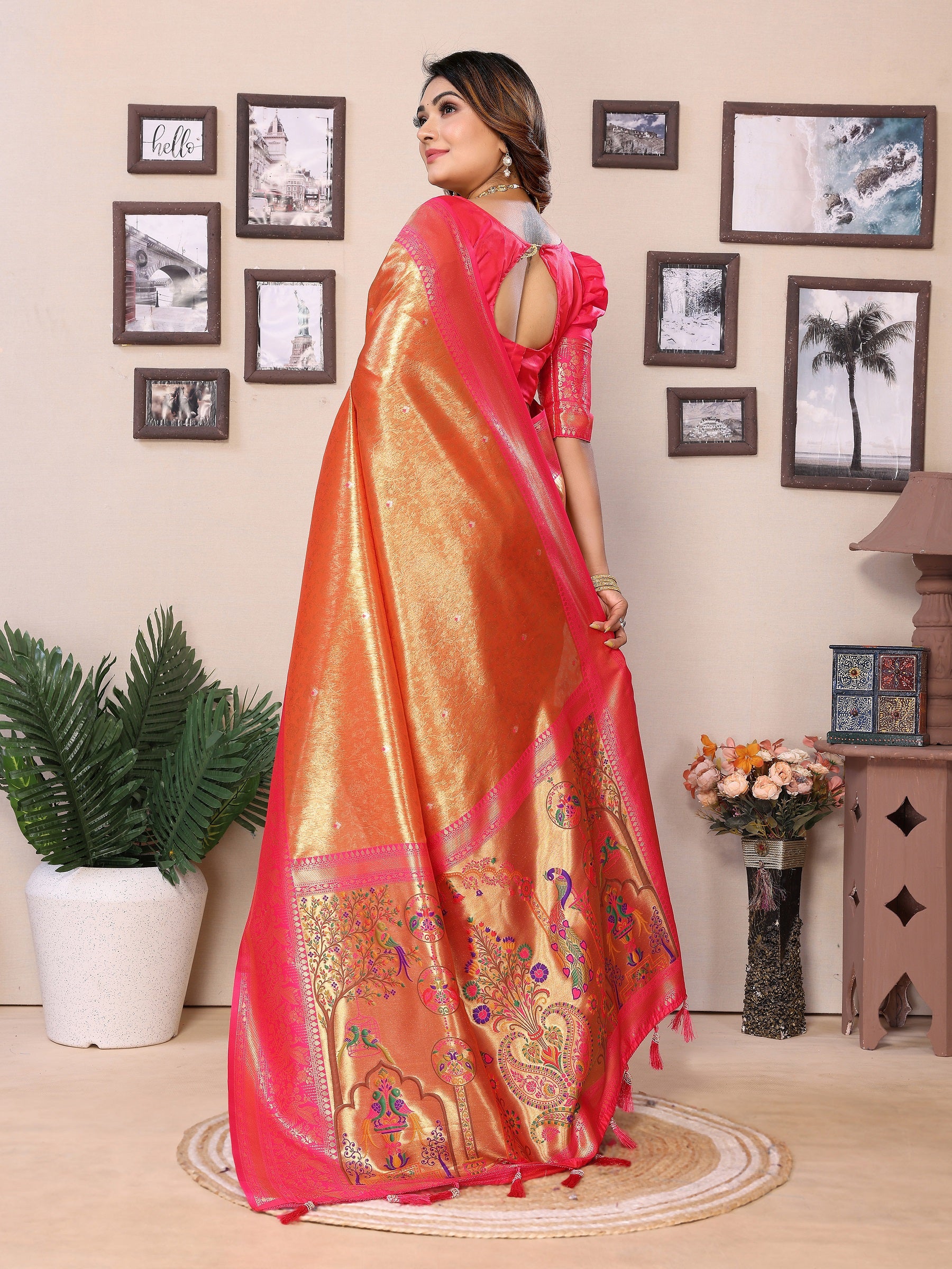 Vedant Vastram Tissue Silk Paithani Silk Saree - Orange - Distacart