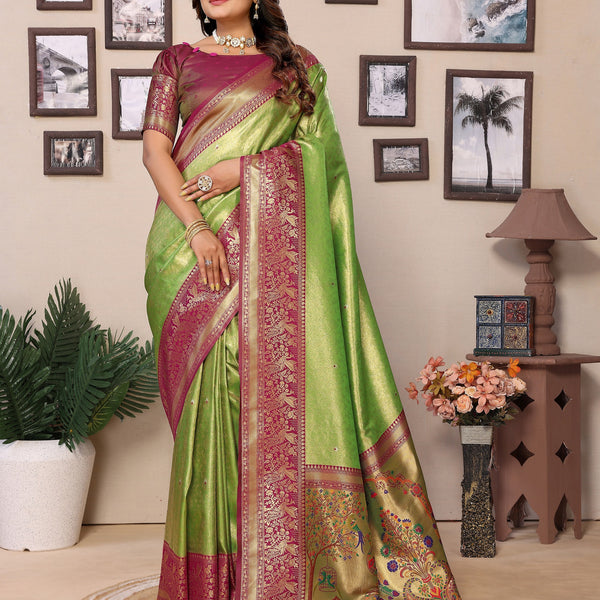 Vedant Vastram Tissue Silk Paithani Silk Saree - Parrot - Distacart