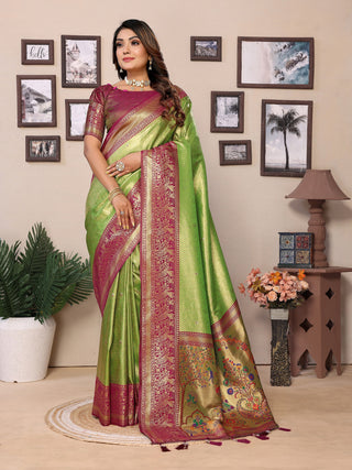 Vedant Vastram Tissue Silk Paithani Silk Saree - Parrot - Distacart