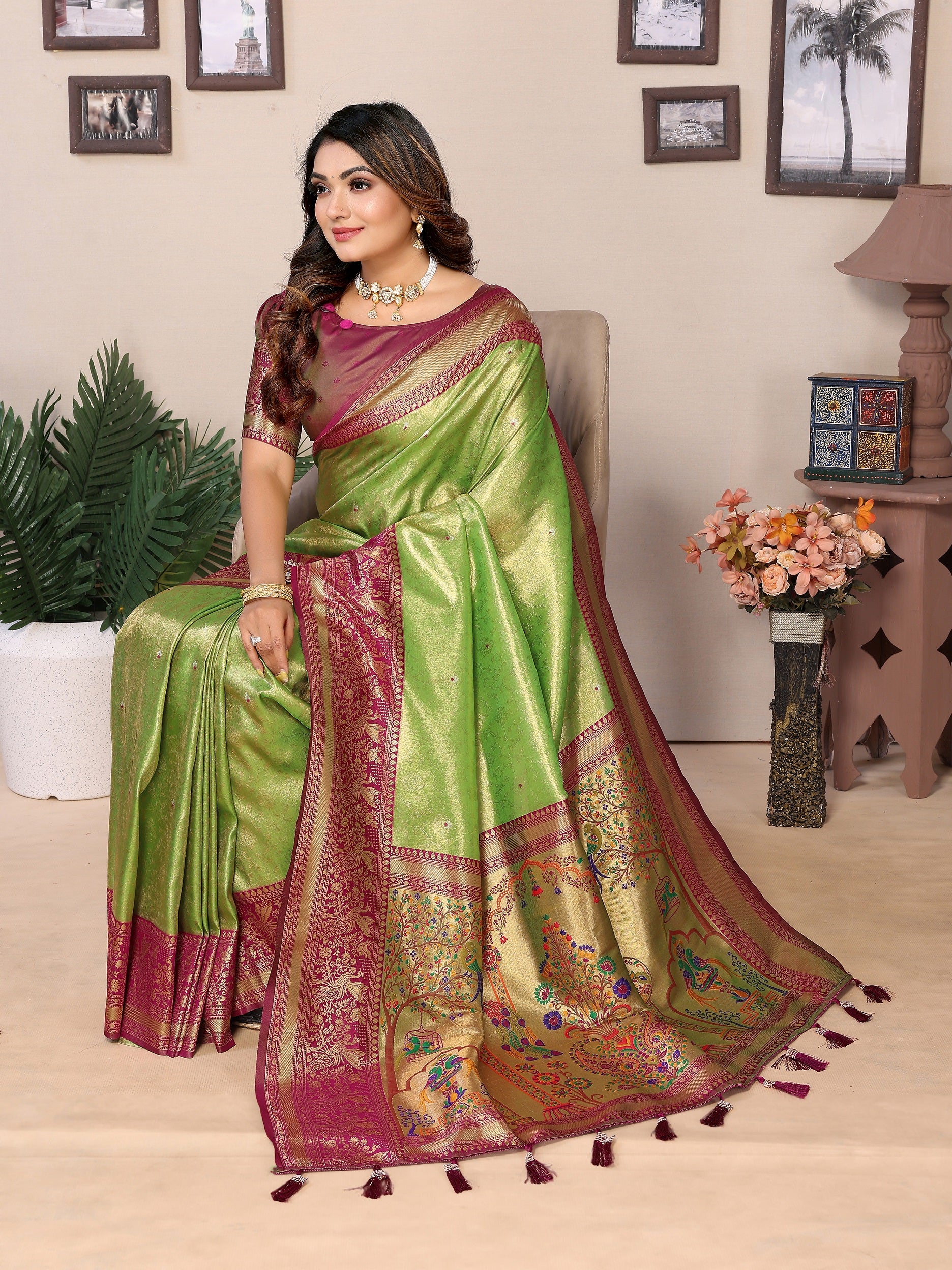 Vedant Vastram Tissue Silk Paithani Silk Saree - Parrot - Distacart