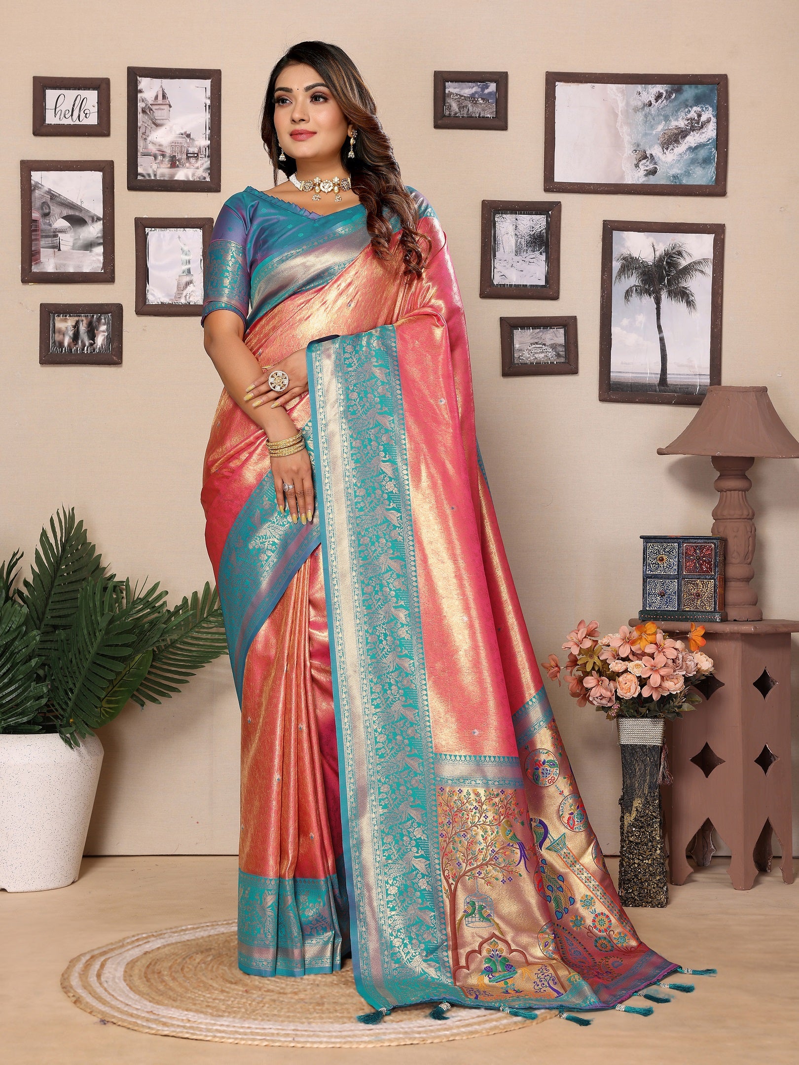 Vedant Vastram Tissue Silk Paithani Silk Saree - Peach - Distacart