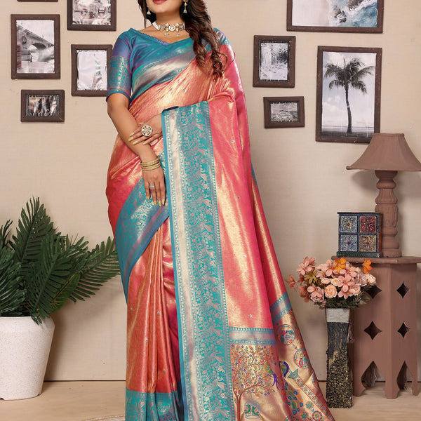 Vedant Vastram Tissue Silk Paithani Silk Saree - Peach - Distacart
