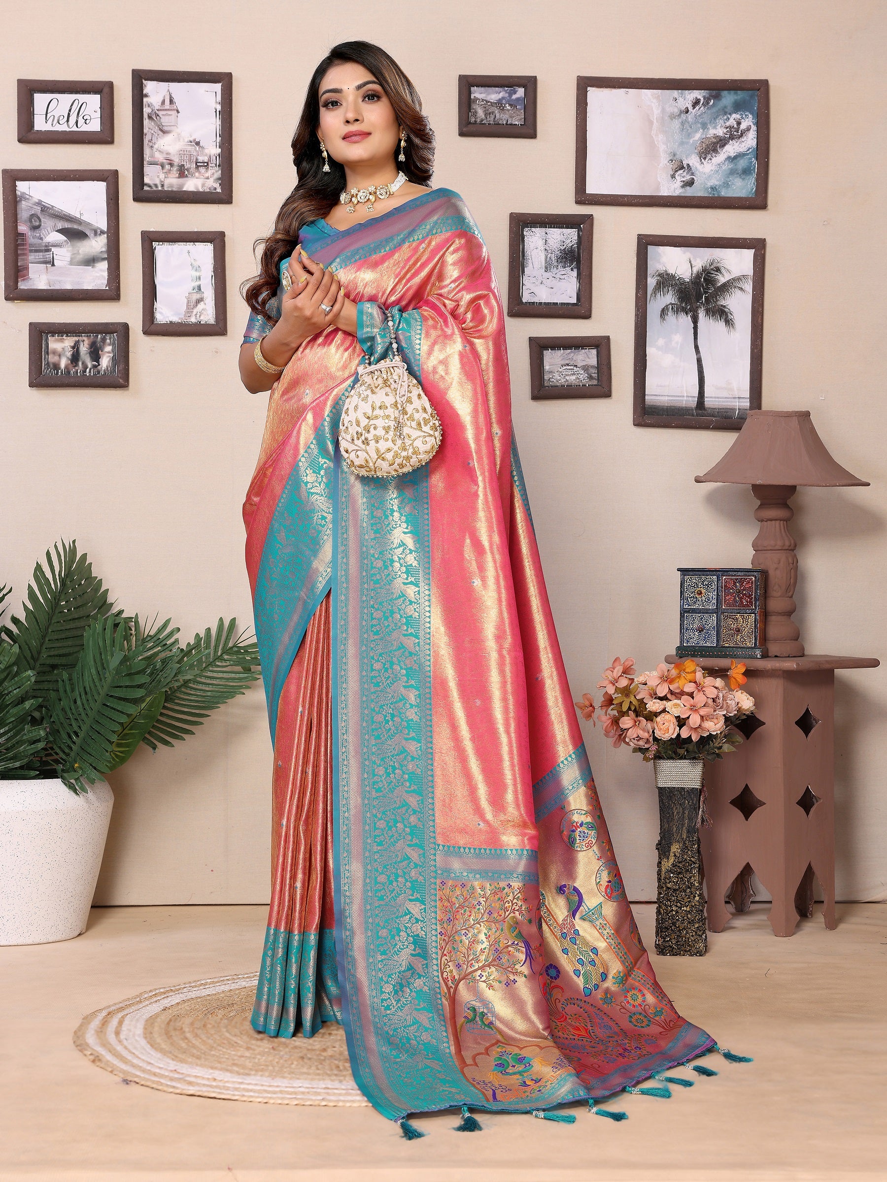 Vedant Vastram Tissue Silk Paithani Silk Saree - Peach - Distacart