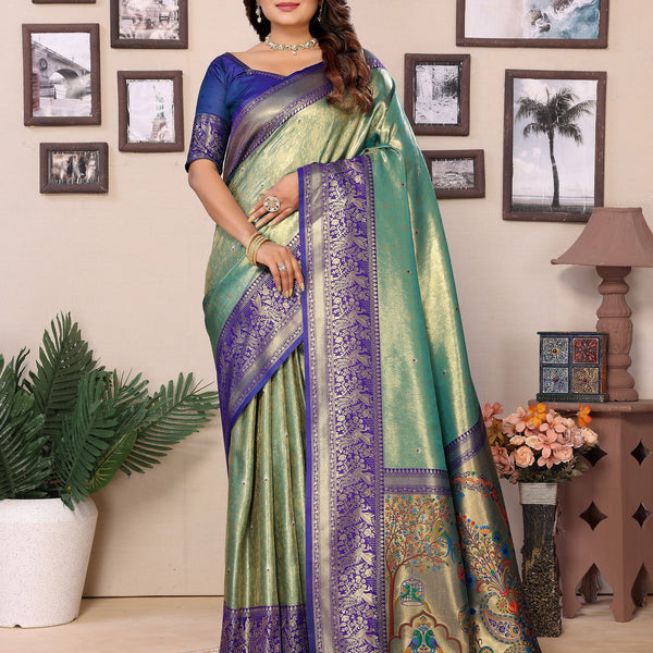 Vedant Vastram Tissue Silk Paithani Silk Saree - Pista - Distacart