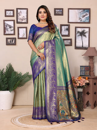 Vedant Vastram Tissue Silk Paithani Silk Saree - Pista - Distacart