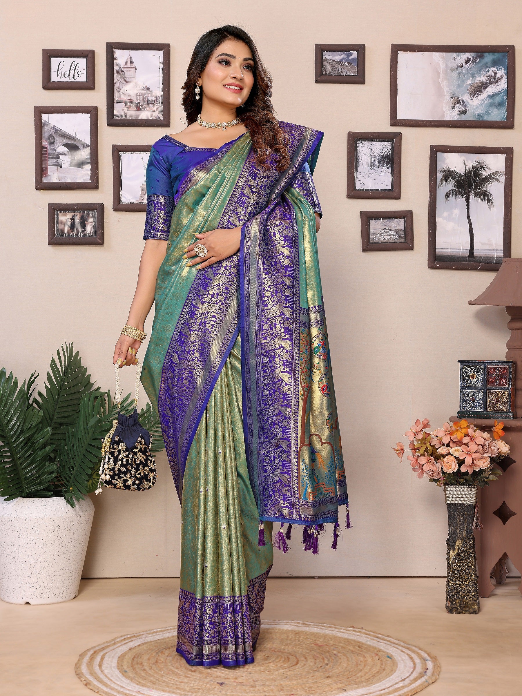 Vedant Vastram Tissue Silk Paithani Silk Saree - Pista - Distacart