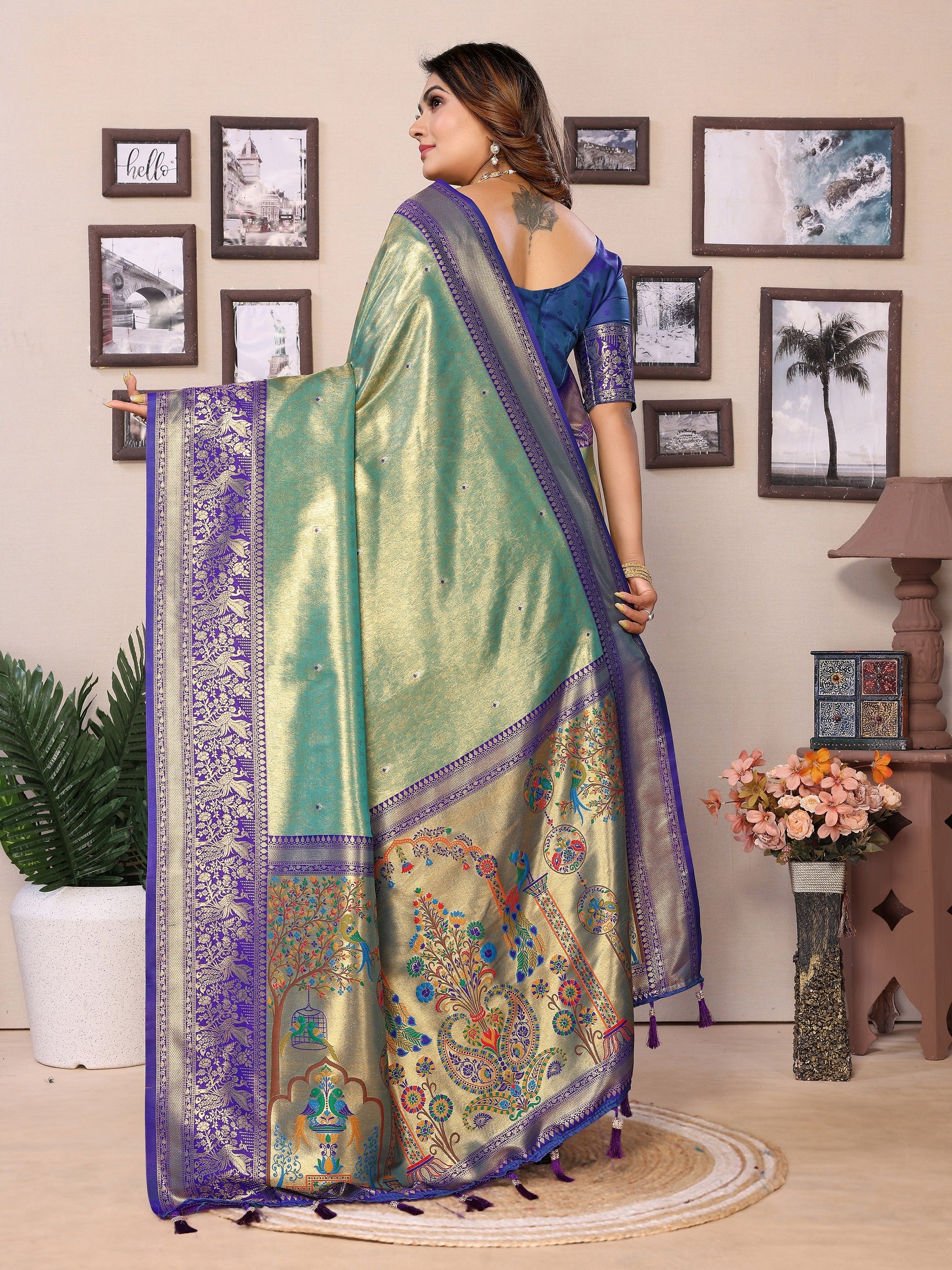 Vedant Vastram Tissue Silk Paithani Silk Saree - Pista - Distacart