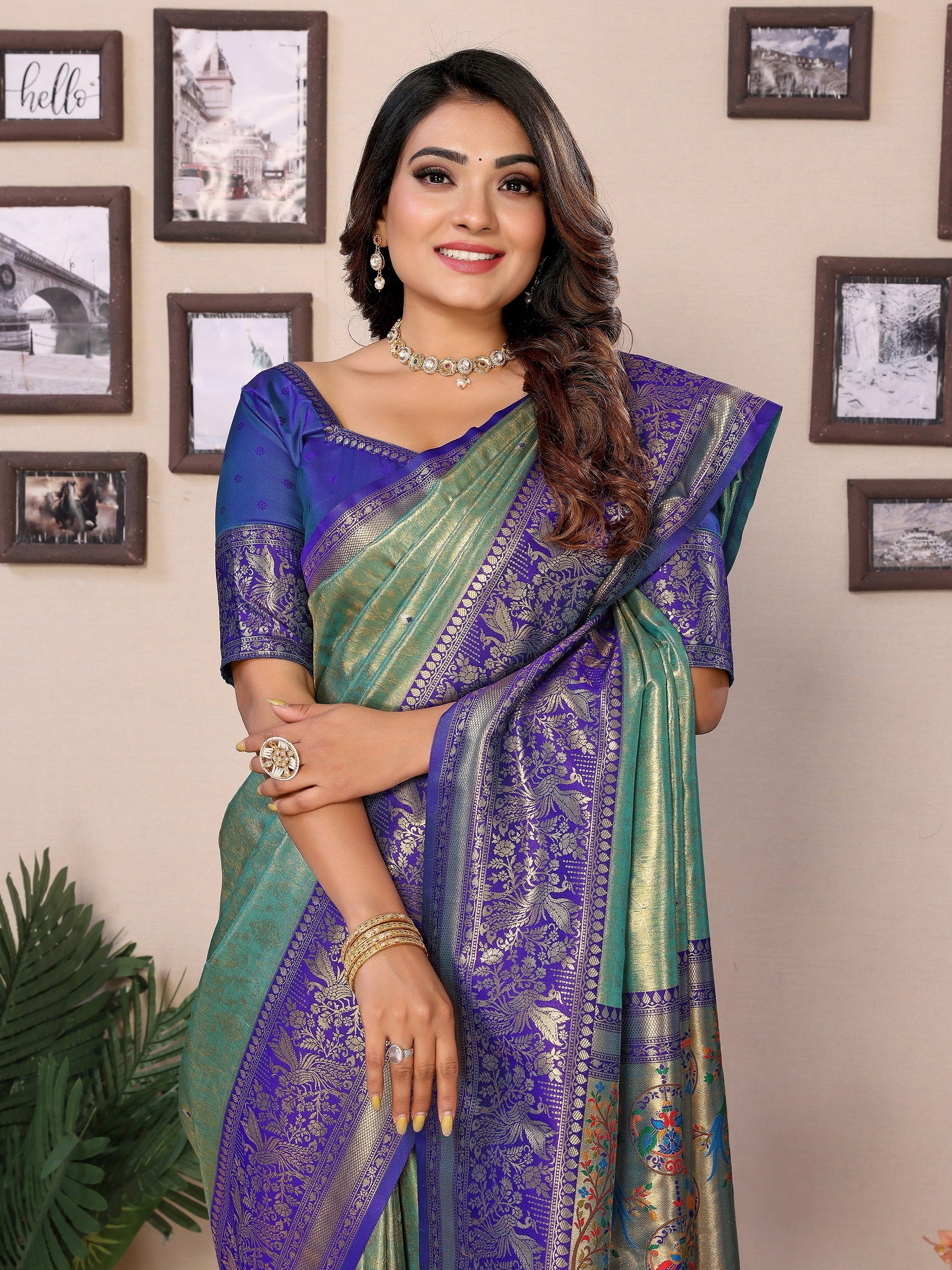 Vedant Vastram Tissue Silk Paithani Silk Saree - Pista - Distacart