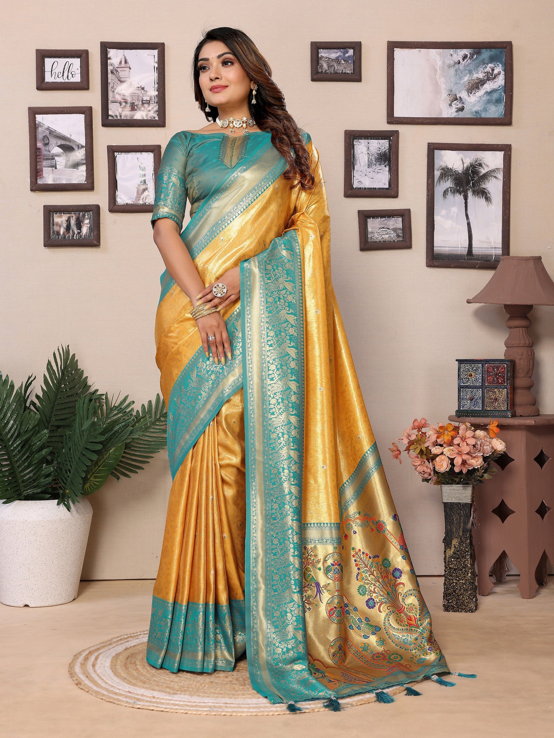 Vedant Vastram Tissue Silk Paithani Silk Saree - Yellow - Distacart