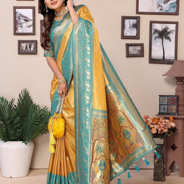 Vedant Vastram Tissue Silk Paithani Silk Saree - Yellow - Distacart