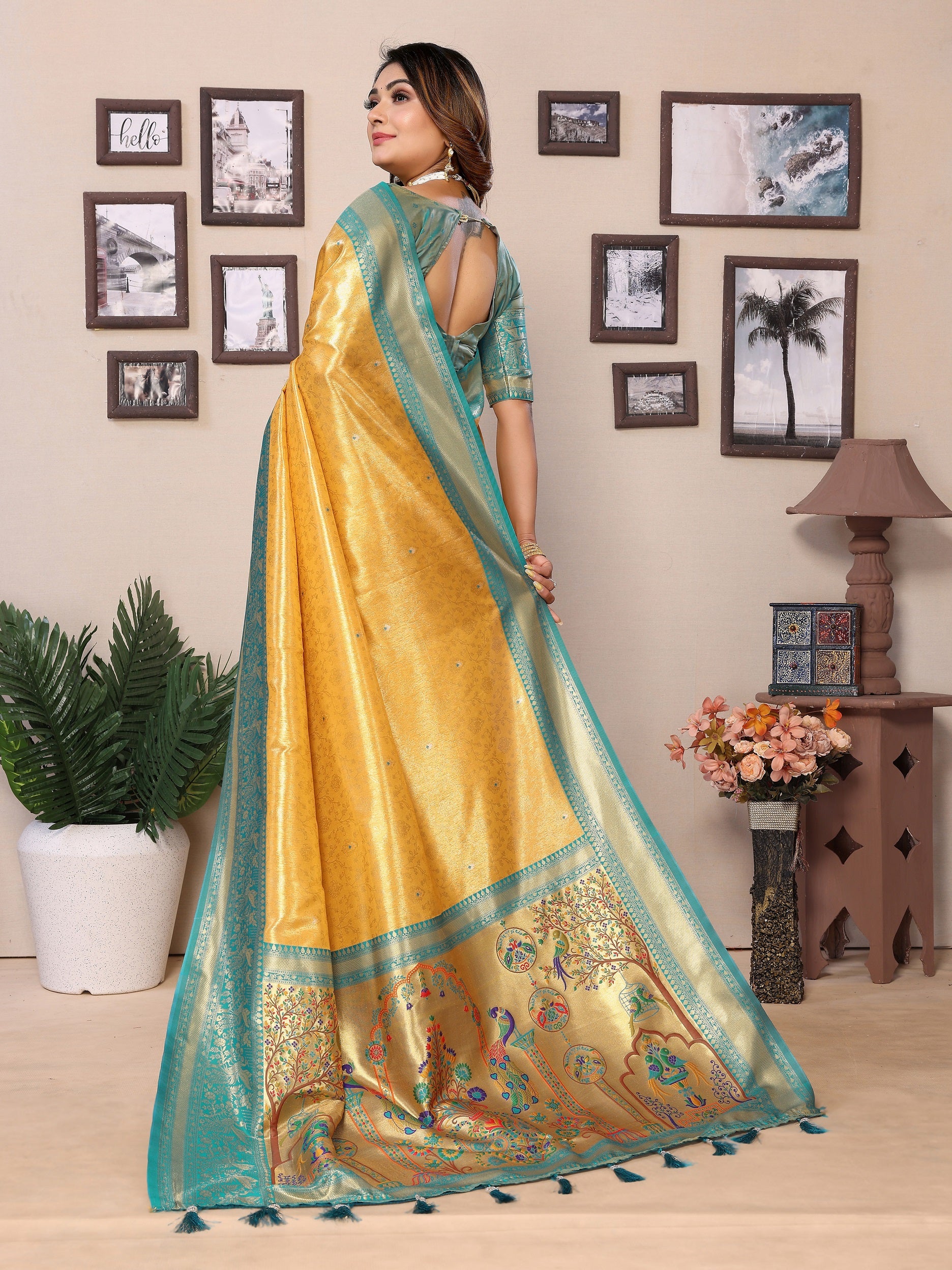 Vedant Vastram Tissue Silk Paithani Silk Saree - Yellow - Distacart