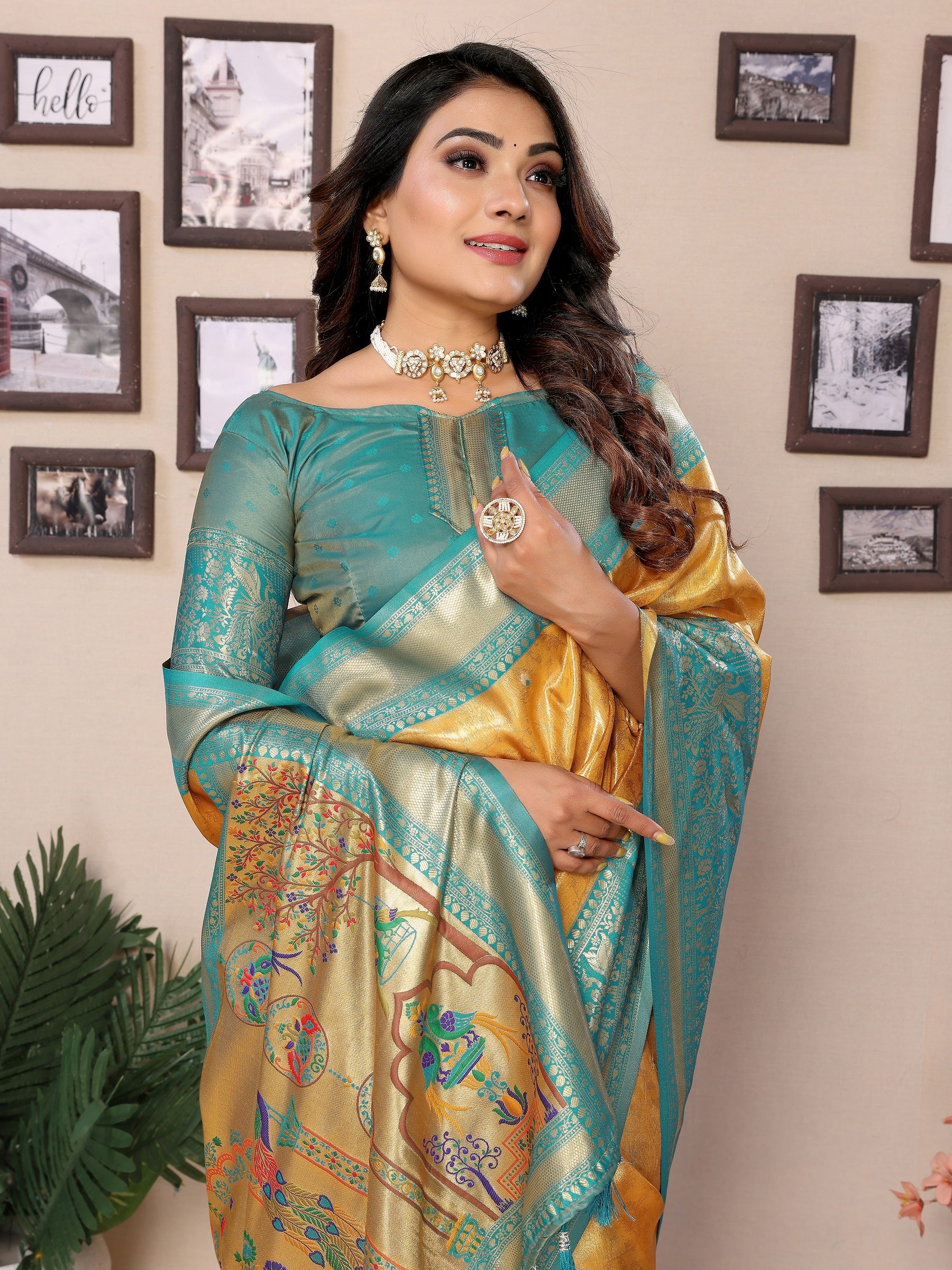 Vedant Vastram Tissue Silk Paithani Silk Saree - Yellow - Distacart