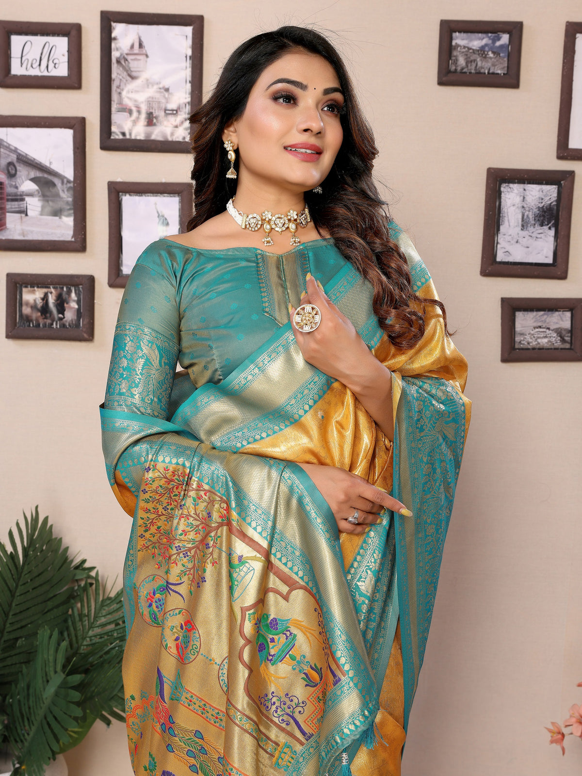 Vedant Vastram Tissue Silk Paithani Silk Saree - Yellow - Distacart