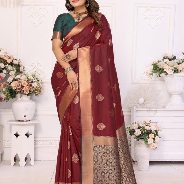 Vedant Vastram Soft Litchi Silk Banarasi Silk Saree - Maroon - Distacart