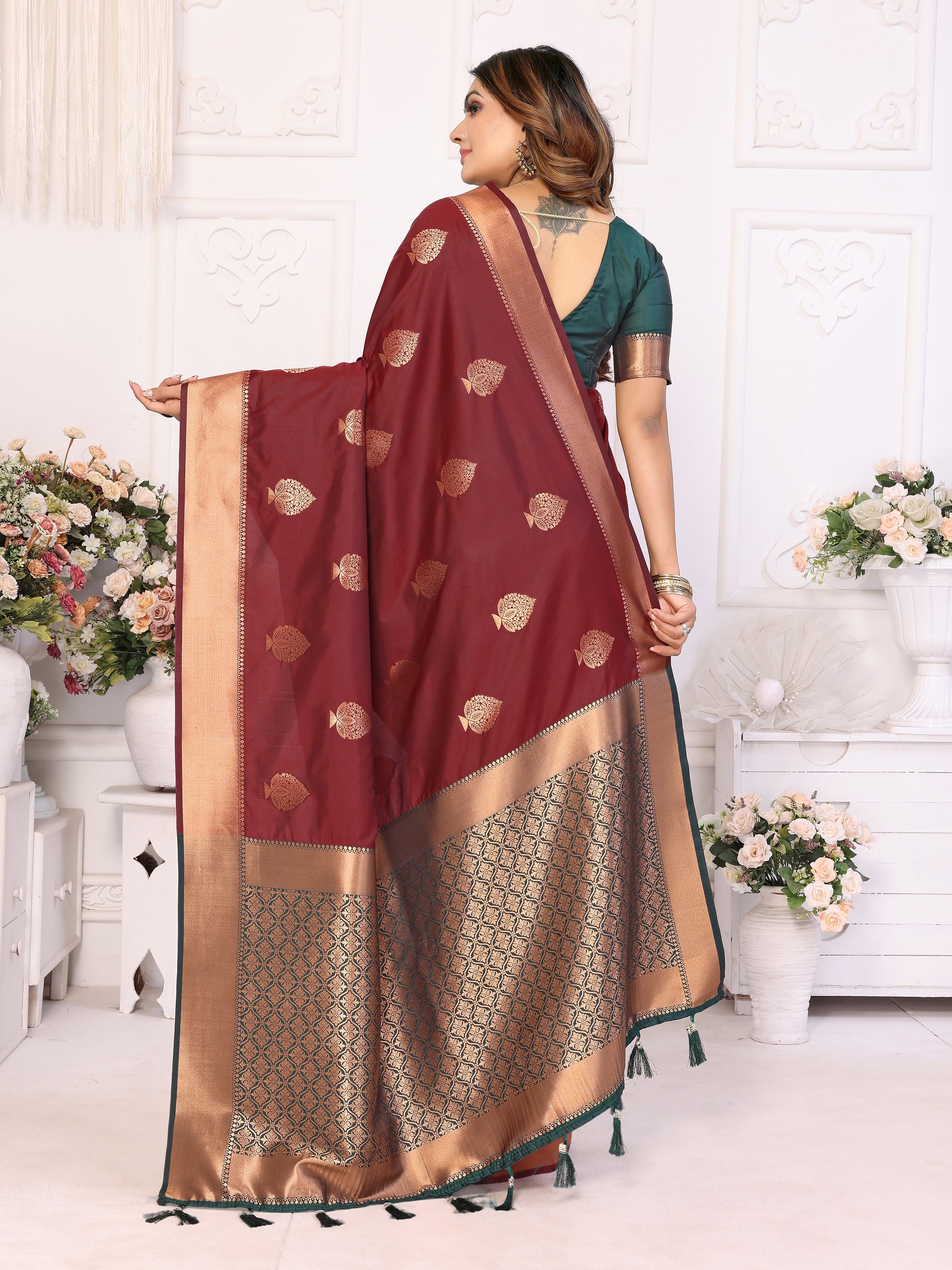 Vedant Vastram Soft Litchi Silk Banarasi Silk Saree - Maroon - Distacart