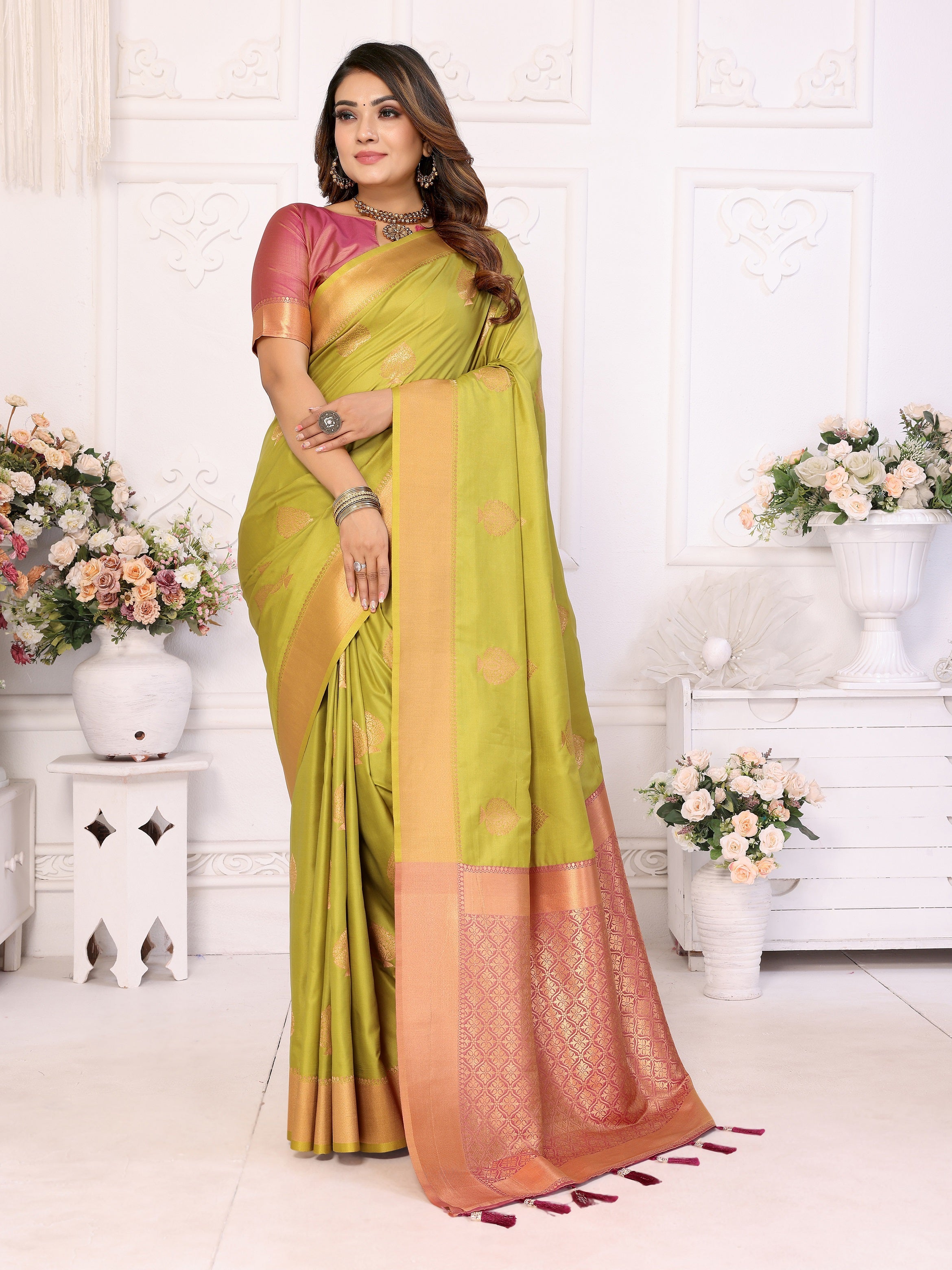 Vedant Vastram Soft Litchi Silk Banarasi Silk Saree - Olive - Distacart
