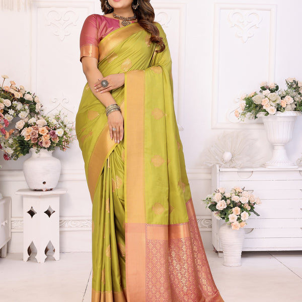Vedant Vastram Soft Litchi Silk Banarasi Silk Saree - Olive - Distacart