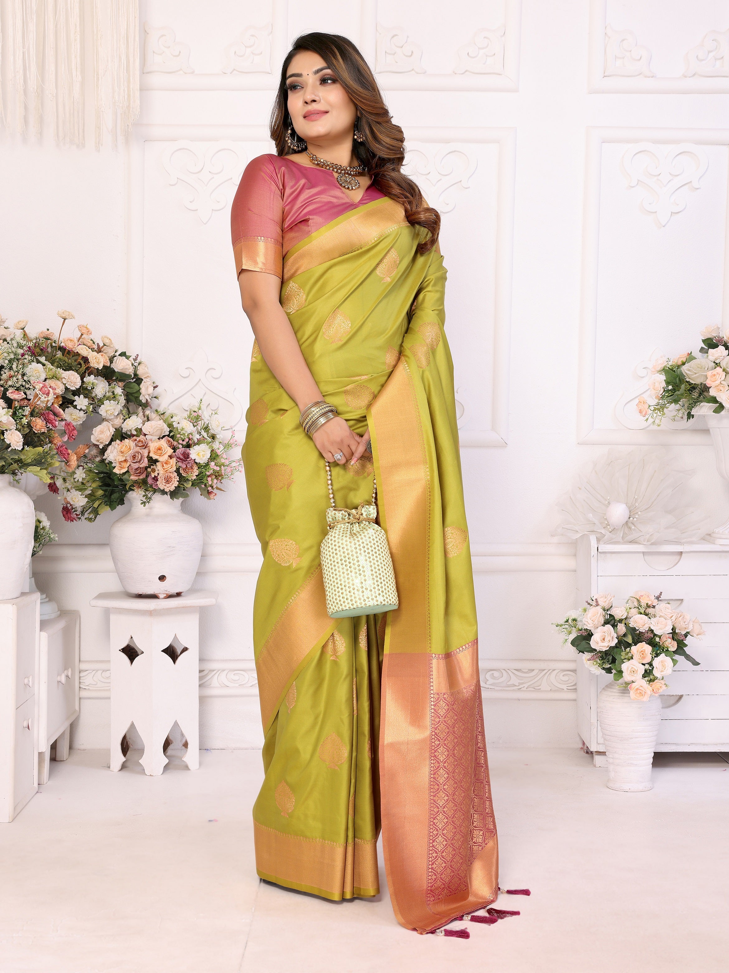 Vedant Vastram Soft Litchi Silk Banarasi Silk Saree - Olive - Distacart