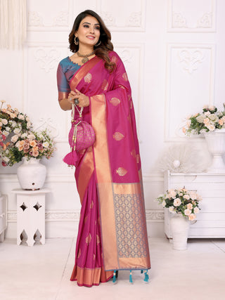 Vedant Vastram Soft Litchi Silk Banarasi Silk Saree - Pink - Distacart