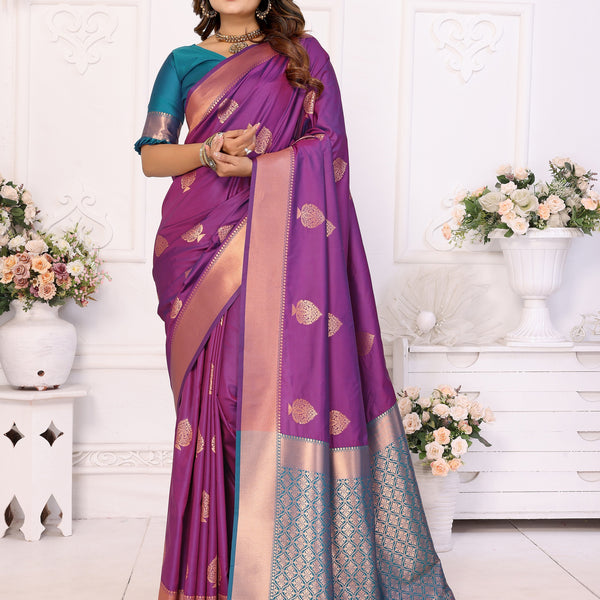 Vedant Vastram Soft Litchi Silk Banarasi Silk Saree - Purple - Distacart