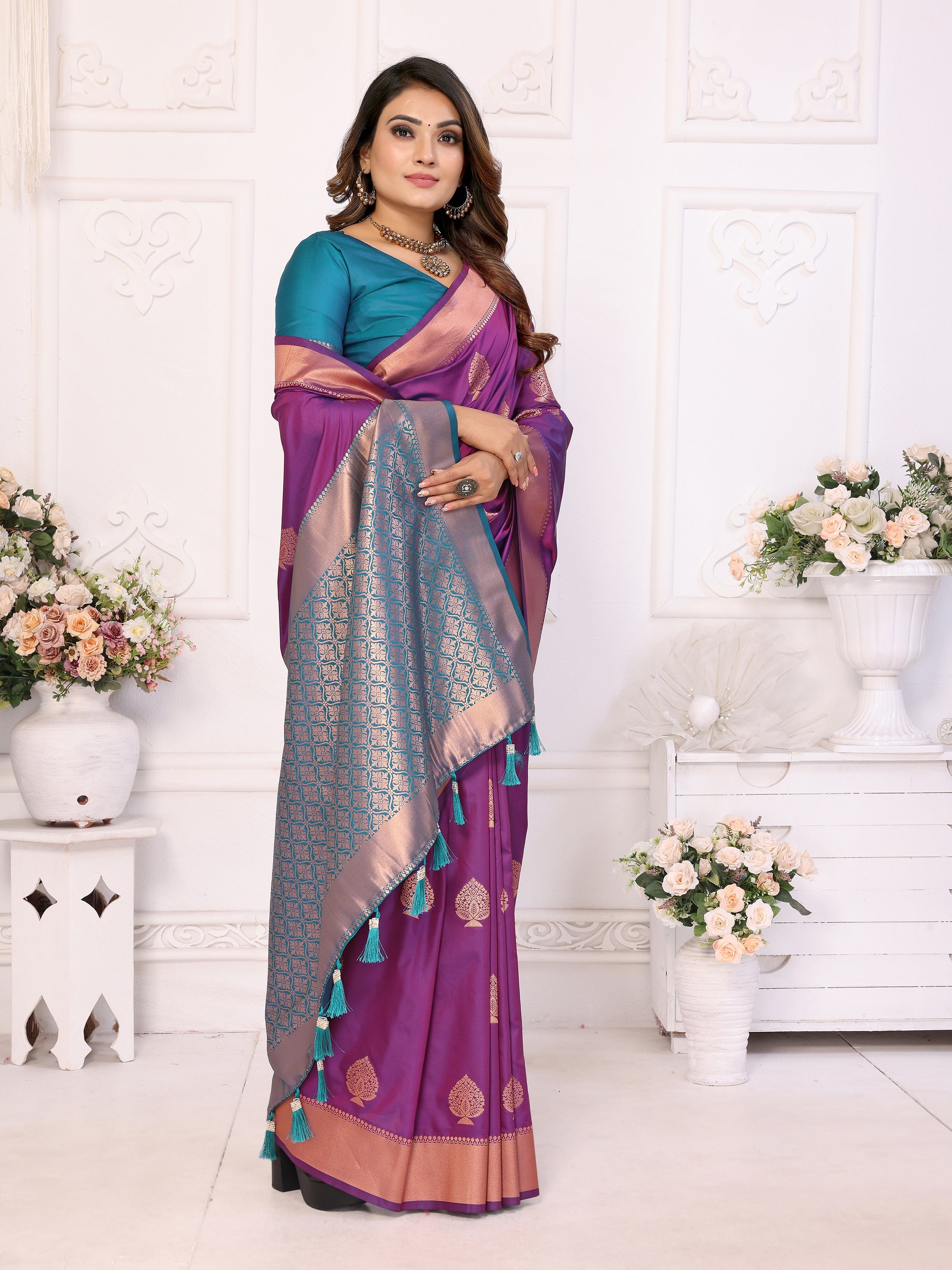 Vedant Vastram Soft Litchi Silk Banarasi Silk Saree - Purple - Distacart
