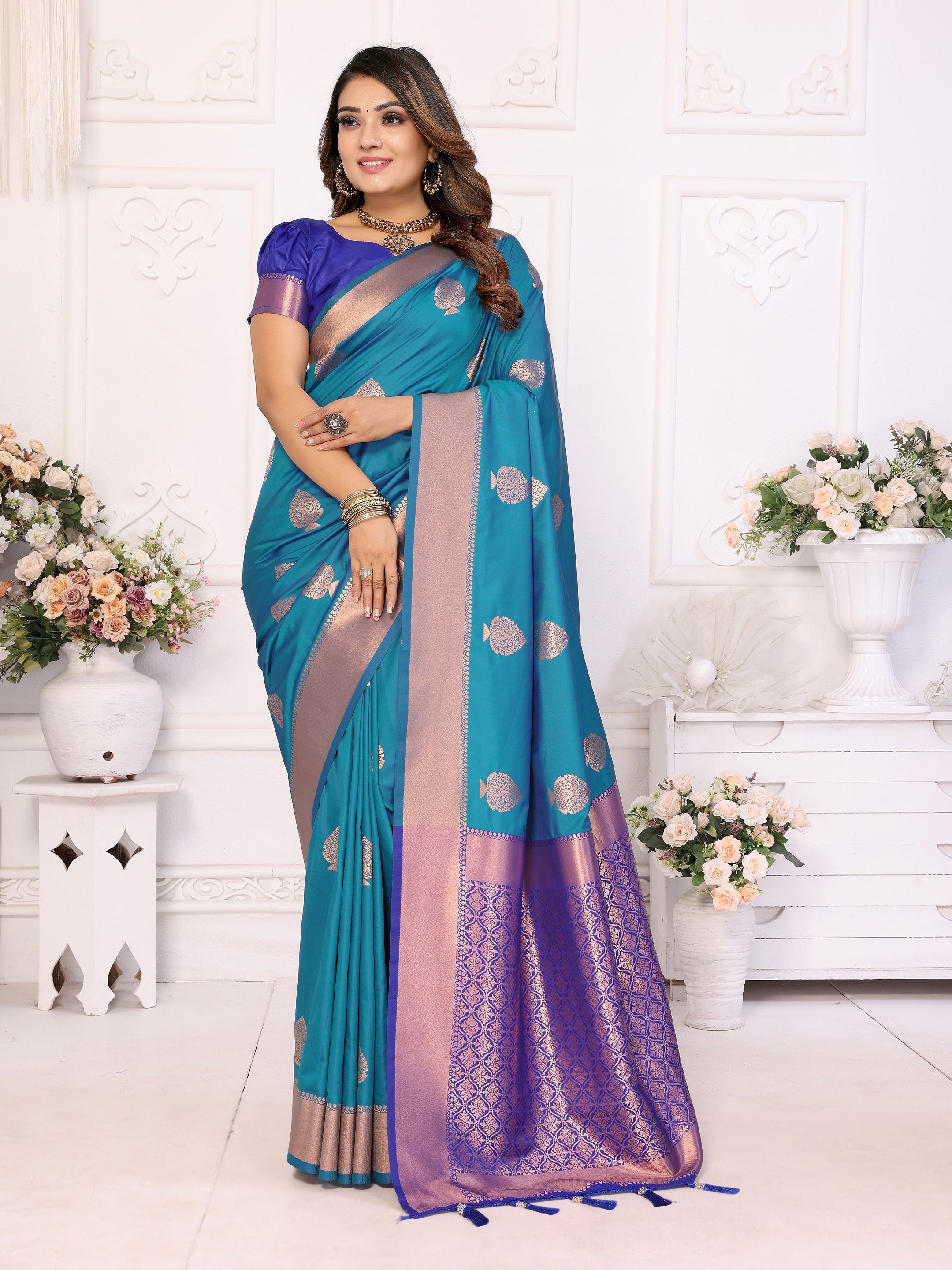 Vedant Vastram Soft Litchi Silk Banarasi Silk Saree - Rama - Distacart