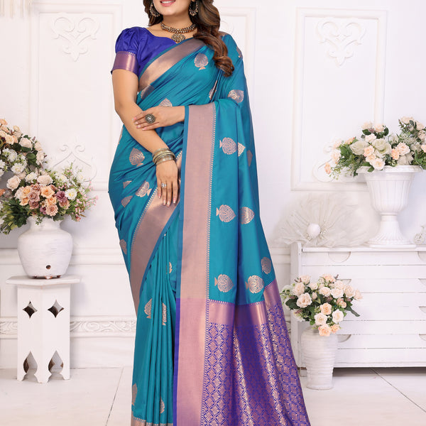 Vedant Vastram Soft Litchi Silk Banarasi Silk Saree - Rama - Distacart