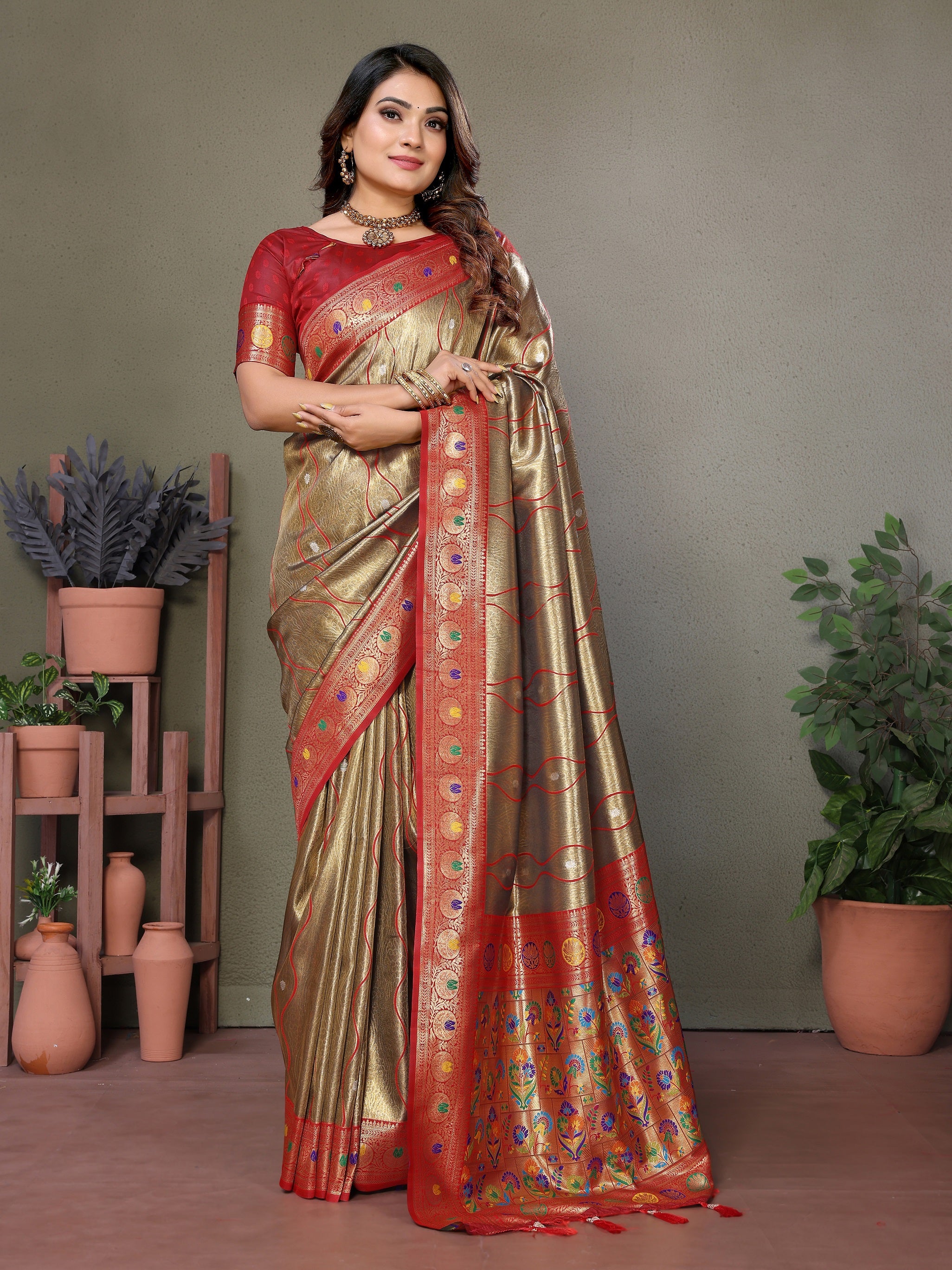 Vedant Vastram Tissue Silk Leheriya Design Kanjeevaram Silk Saree - Beige - Distacart