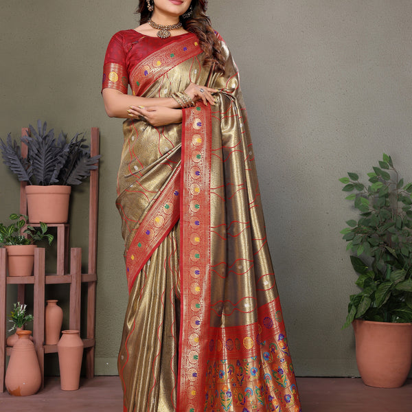 Vedant Vastram Tissue Silk Leheriya Design Kanjeevaram Silk Saree - Beige - Distacart