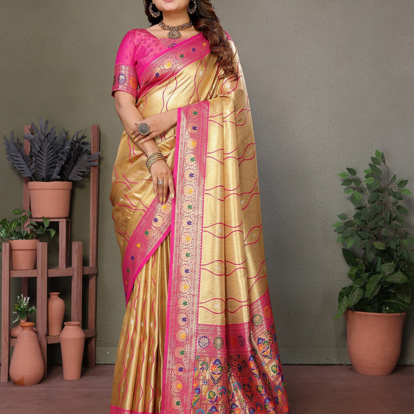 Vedant Vastram Tissue Silk Leheriya Design Kanjeevaram Silk Saree - Gold - Distacart