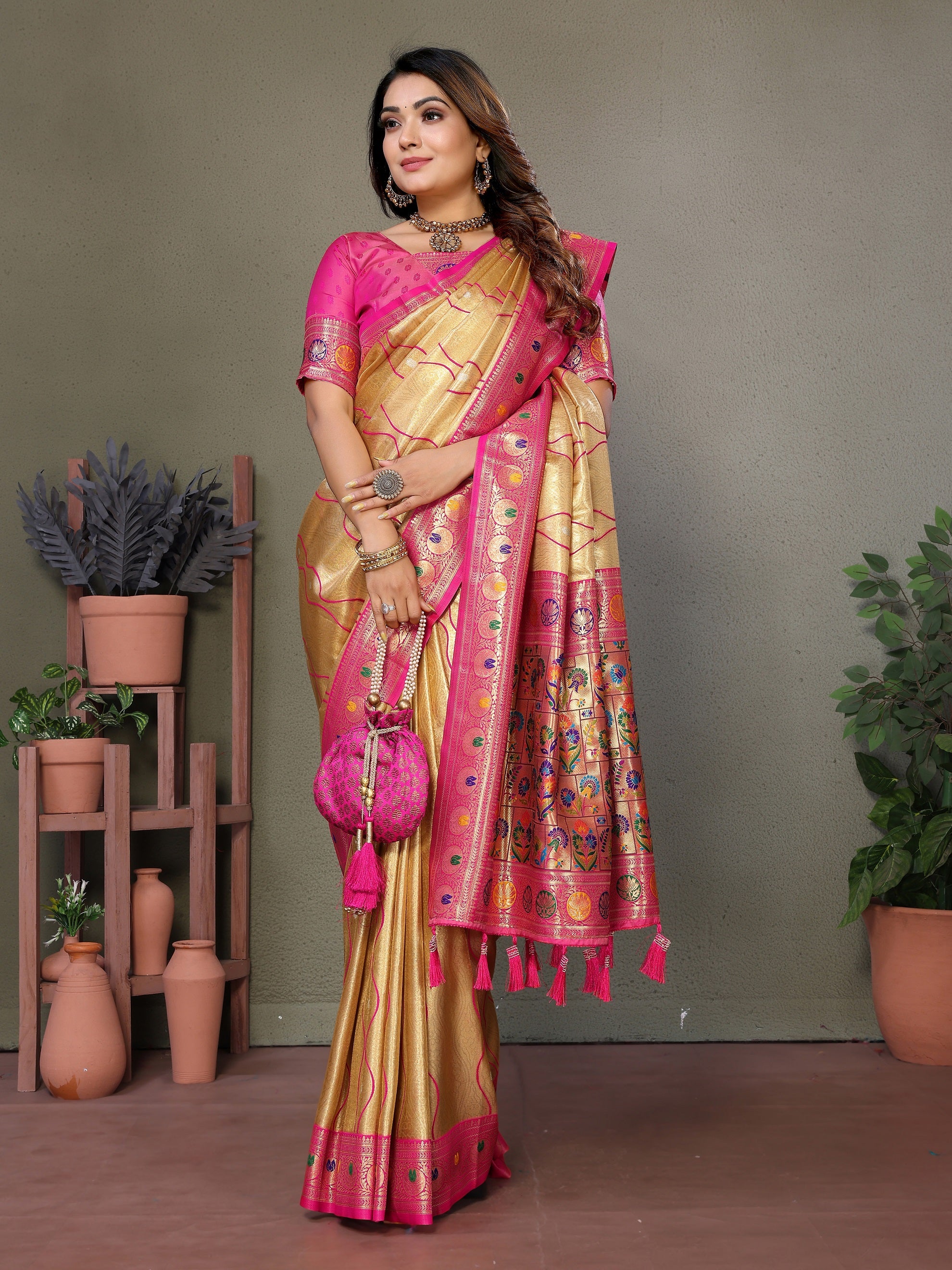 Vedant Vastram Tissue Silk Leheriya Design Kanjeevaram Silk Saree - Gold - Distacart