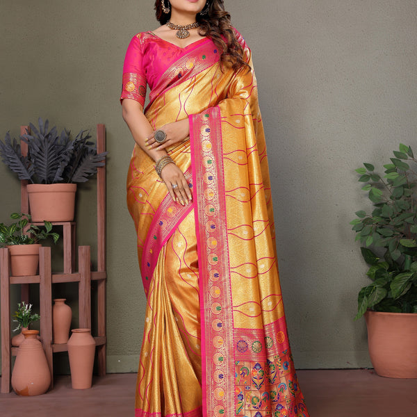 Vedant Vastram Tissue Silk Leheriya Design Kanjeevaram Silk Saree - Mustard - Distacart