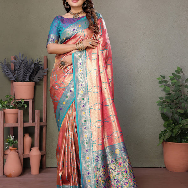 Vedant Vastram Tissue Silk Leheriya Design Kanjeevaram Silk Saree - Peach - Distacart