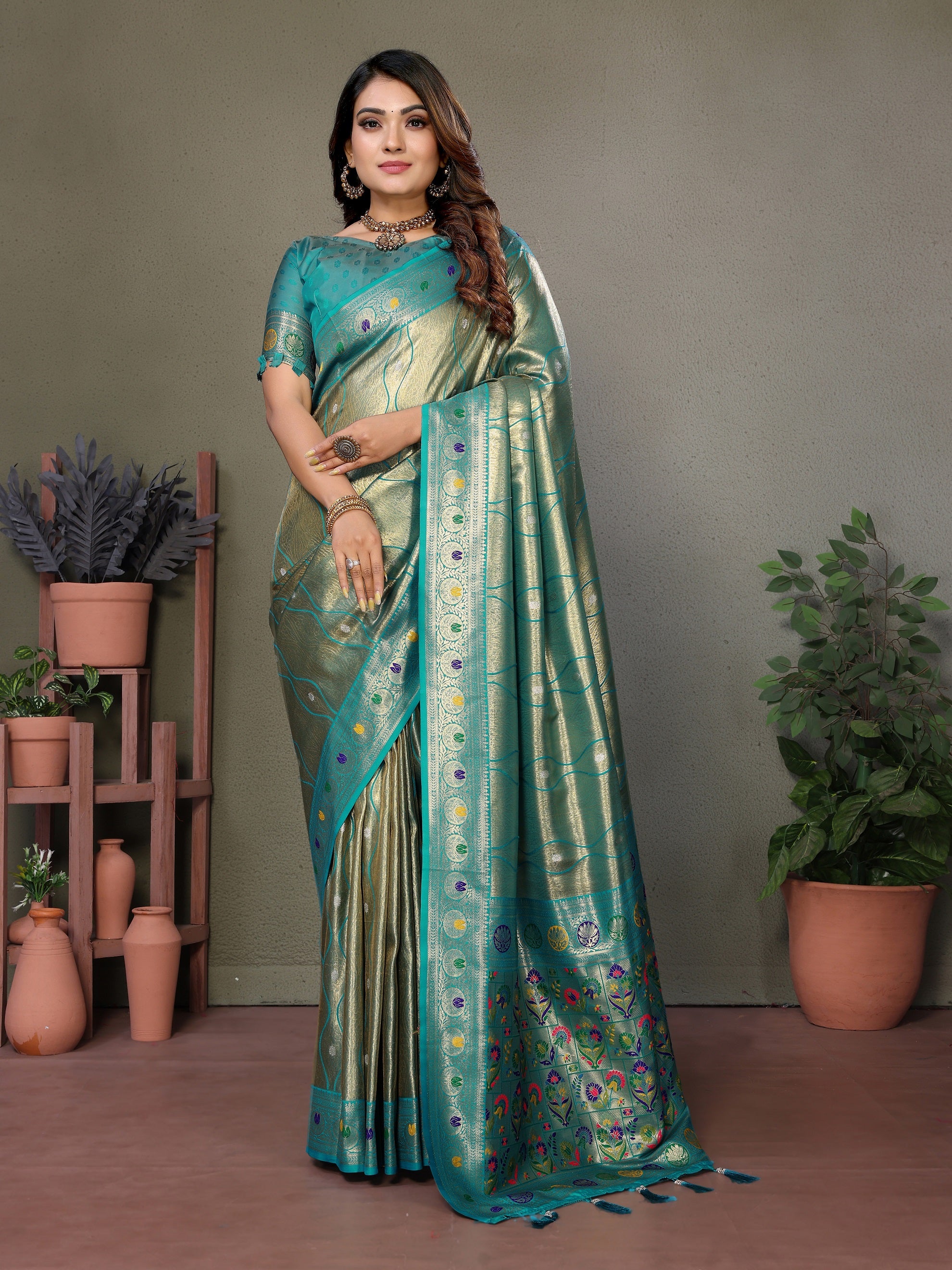 Vedant Vastram Tissue Silk Leheriya Design Kanjeevaram Silk Saree - Rama - Distacart