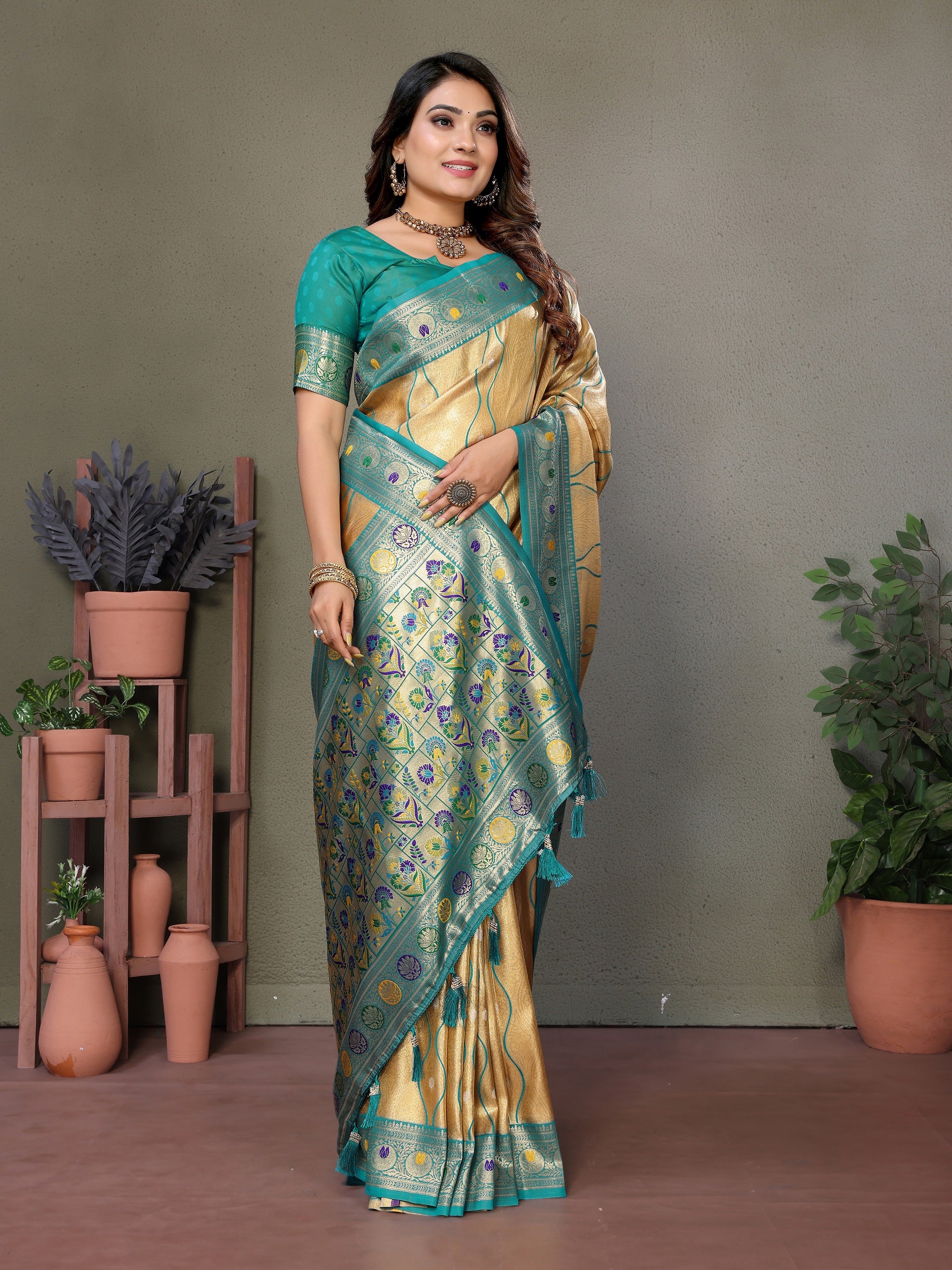 Vedant Vastram Tissue Silk Leheriya Design Kanjeevaram Silk Saree - Yellow - Distacart