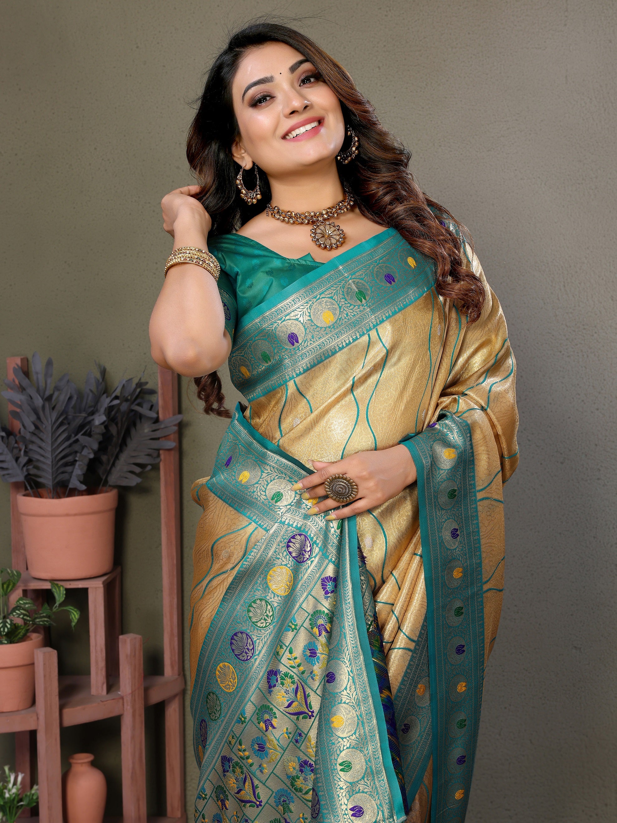 Vedant Vastram Tissue Silk Leheriya Design Kanjeevaram Silk Saree - Yellow - Distacart